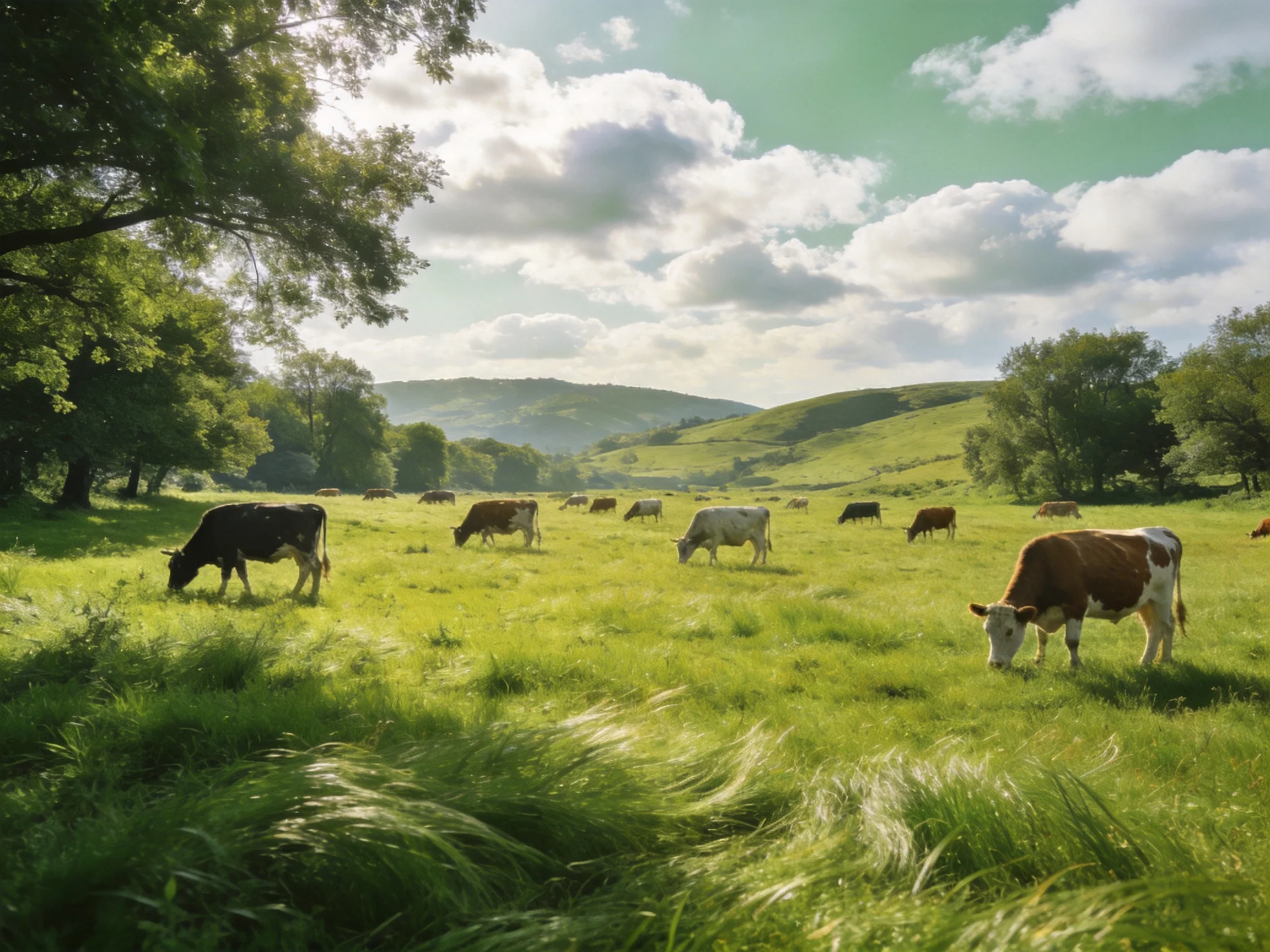 A lush green meadow with many cows grazing under a bright sky