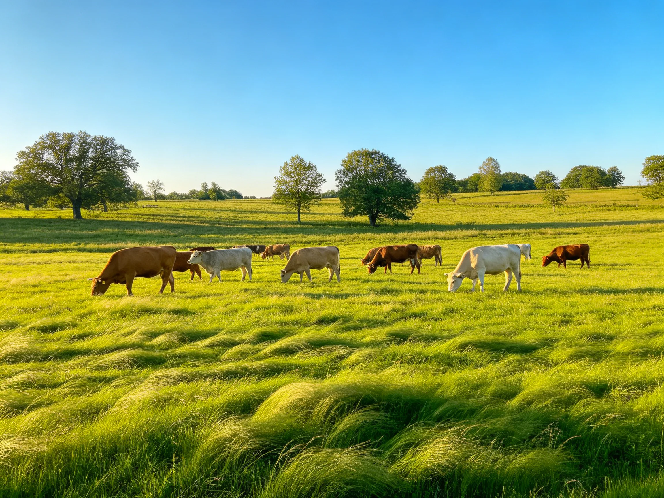 A lush green meadow with mixed cattle and scattered trees