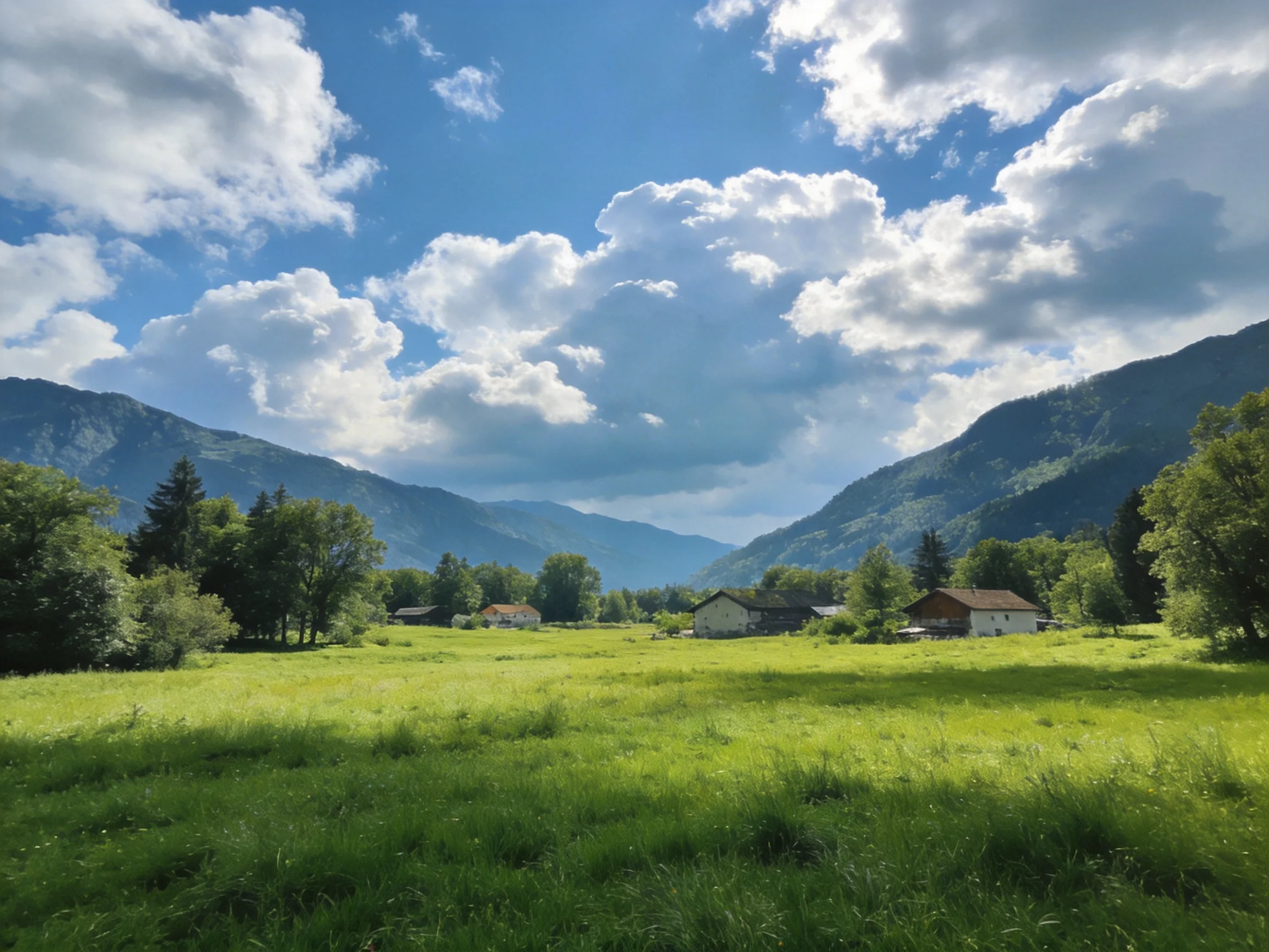 A lush green meadow with mountain views and scattered houses