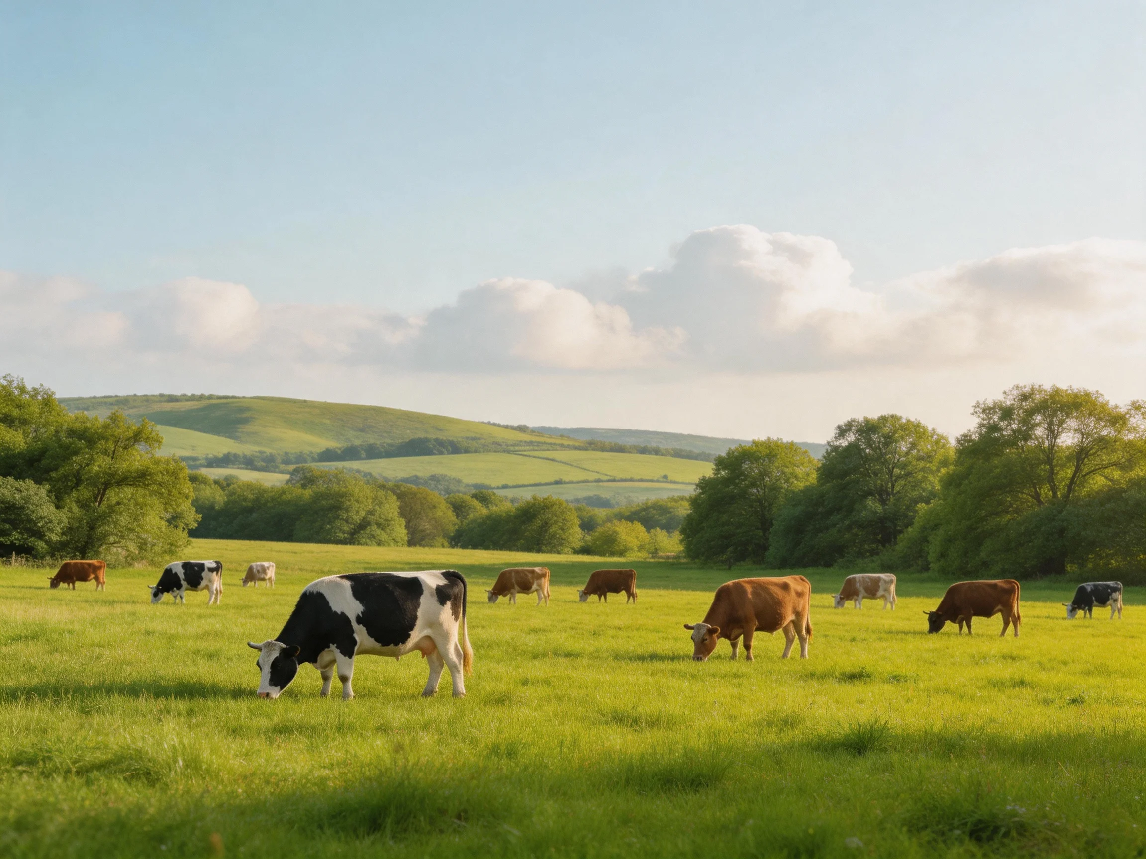 A lush green meadow with multiple cows grazing near rolling hills