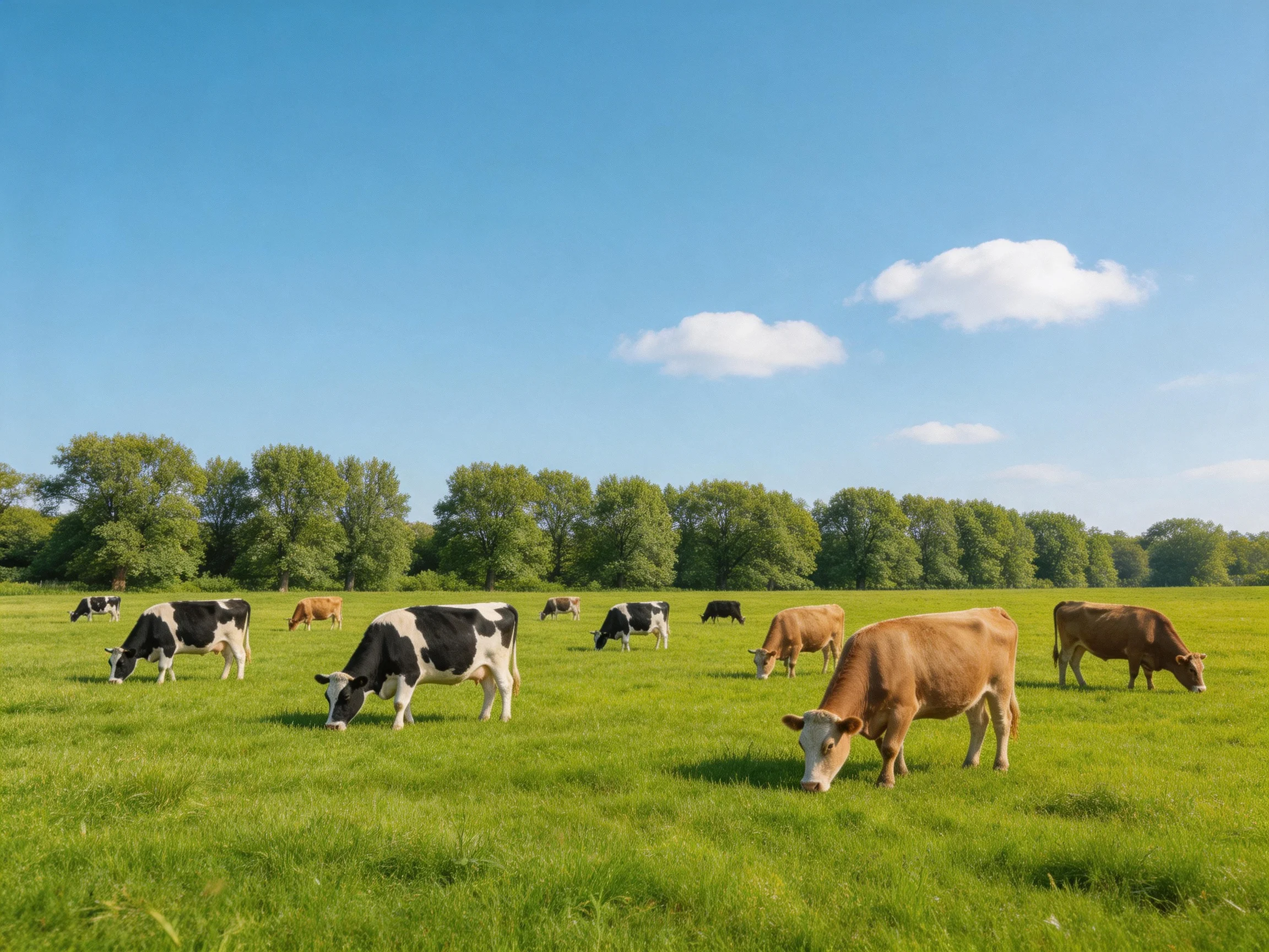 A lush green meadow with various cows grazing under a clear blue sky