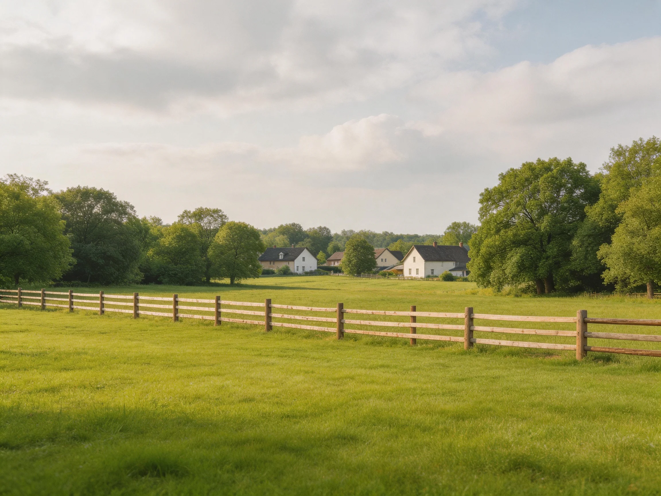 A lush green pasture with a wooden fence and distant white homes
