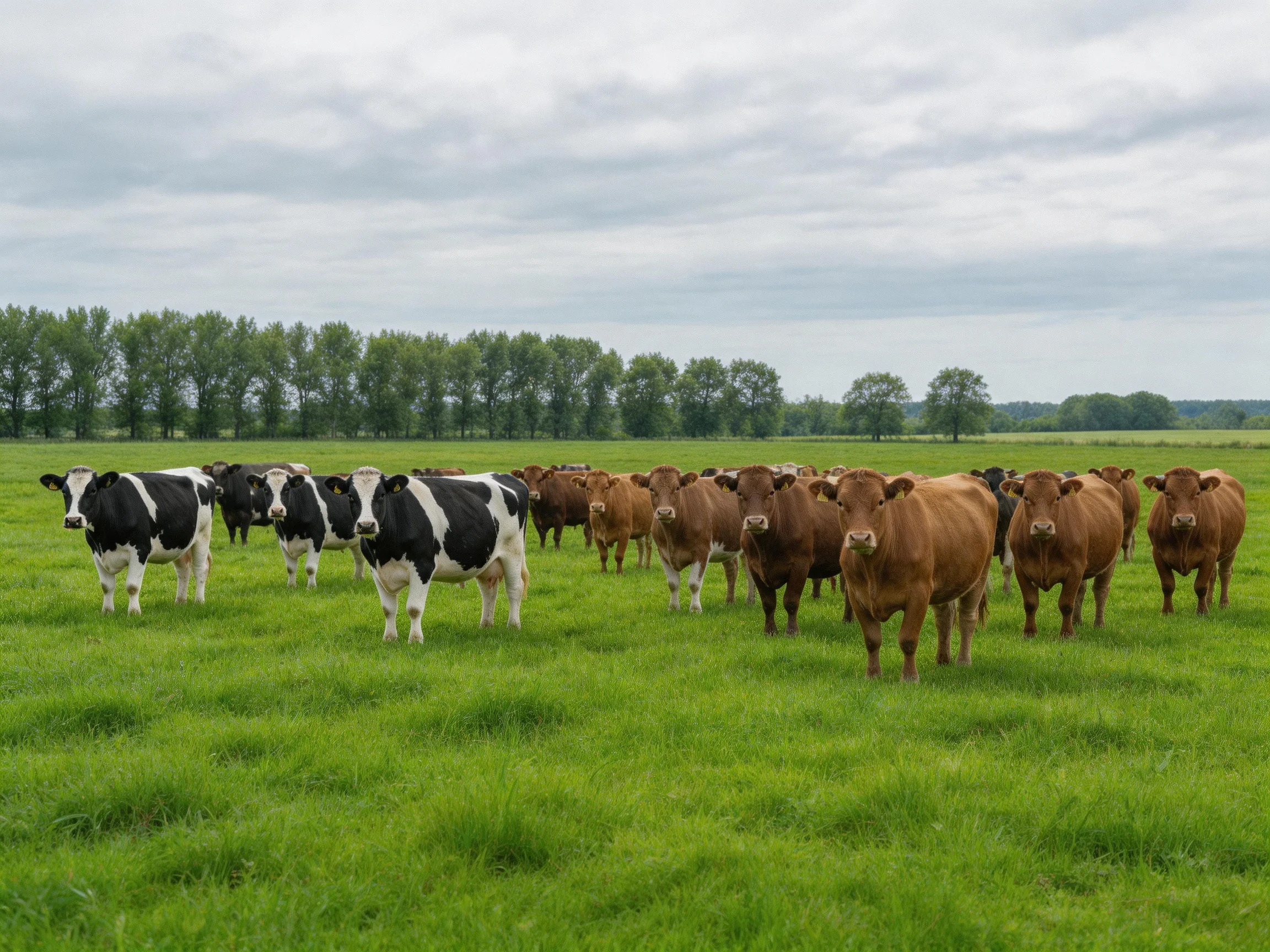 A lush green pasture with black and brown cows under cloudy skies