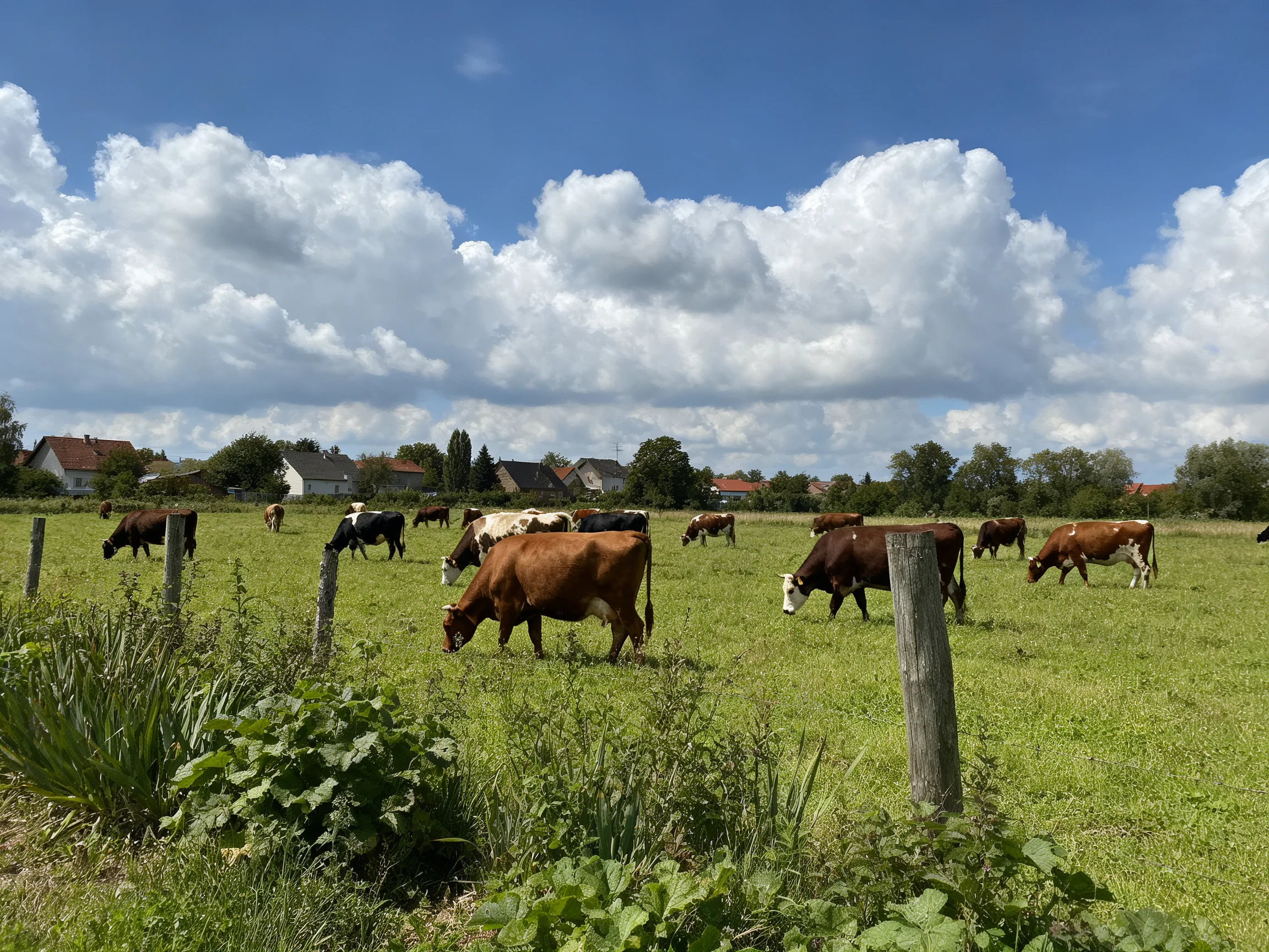 A lush green pasture with brown and black cows under a bright sky