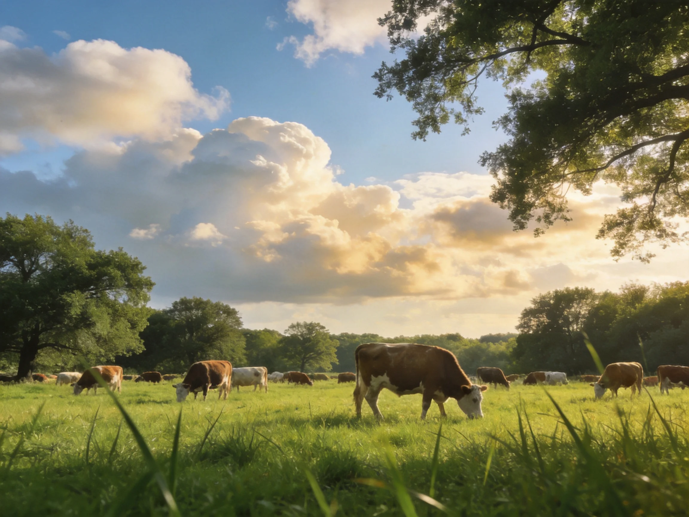 A lush green pasture with brown and white cows under golden-hued clouds