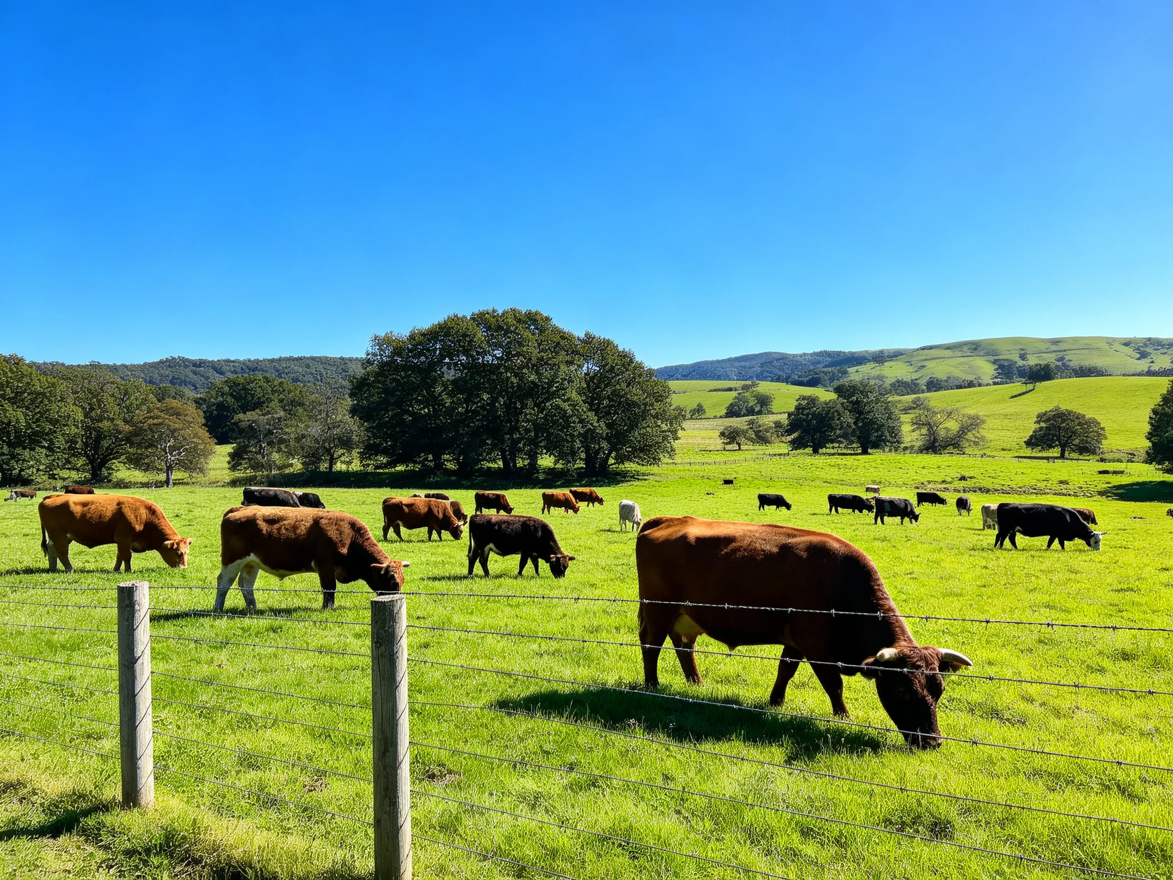 A lush green pasture with brown cattle grazing near wooden fences