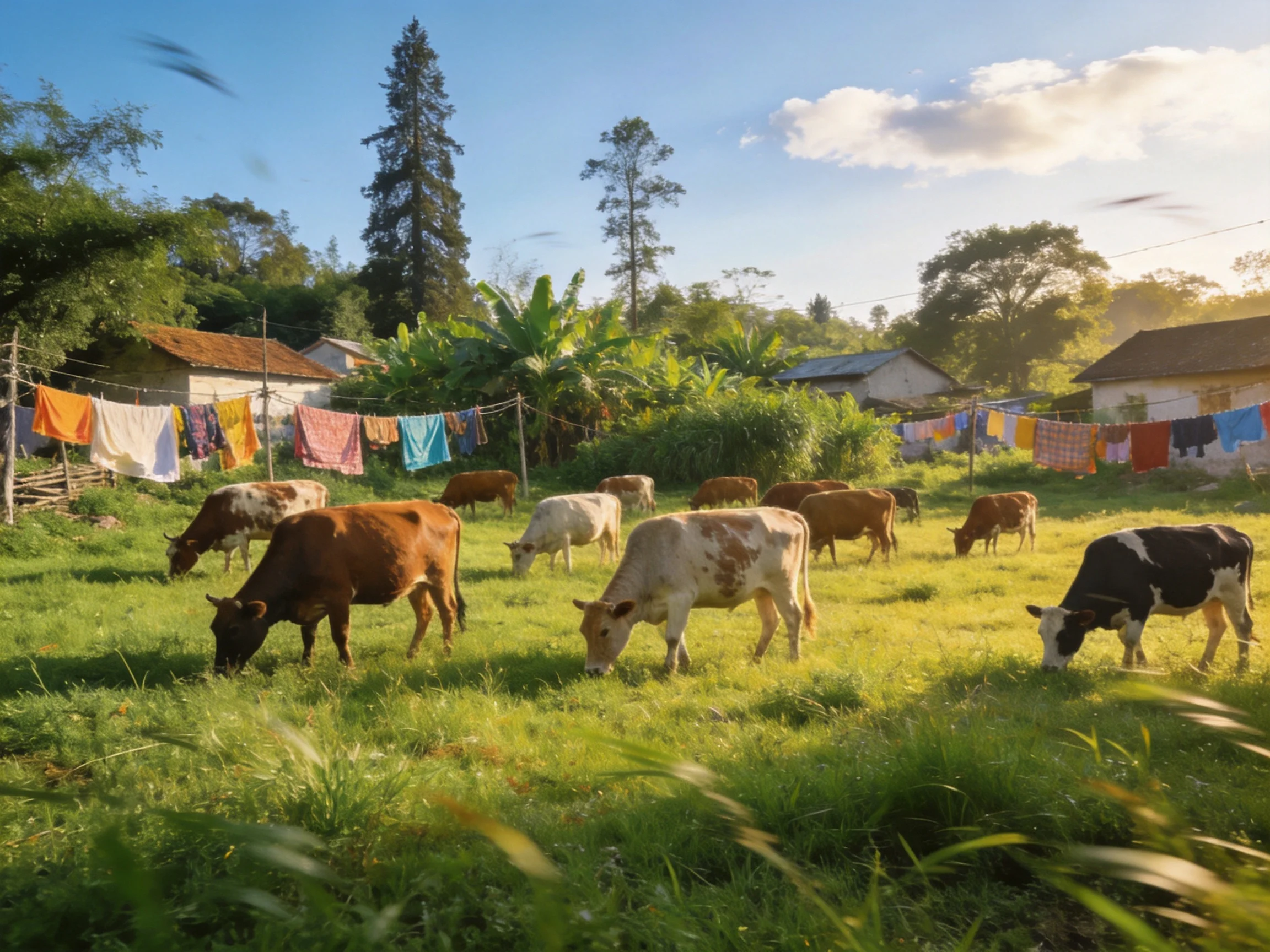 A lush green pasture with colorful cows and hanging laundry near homes