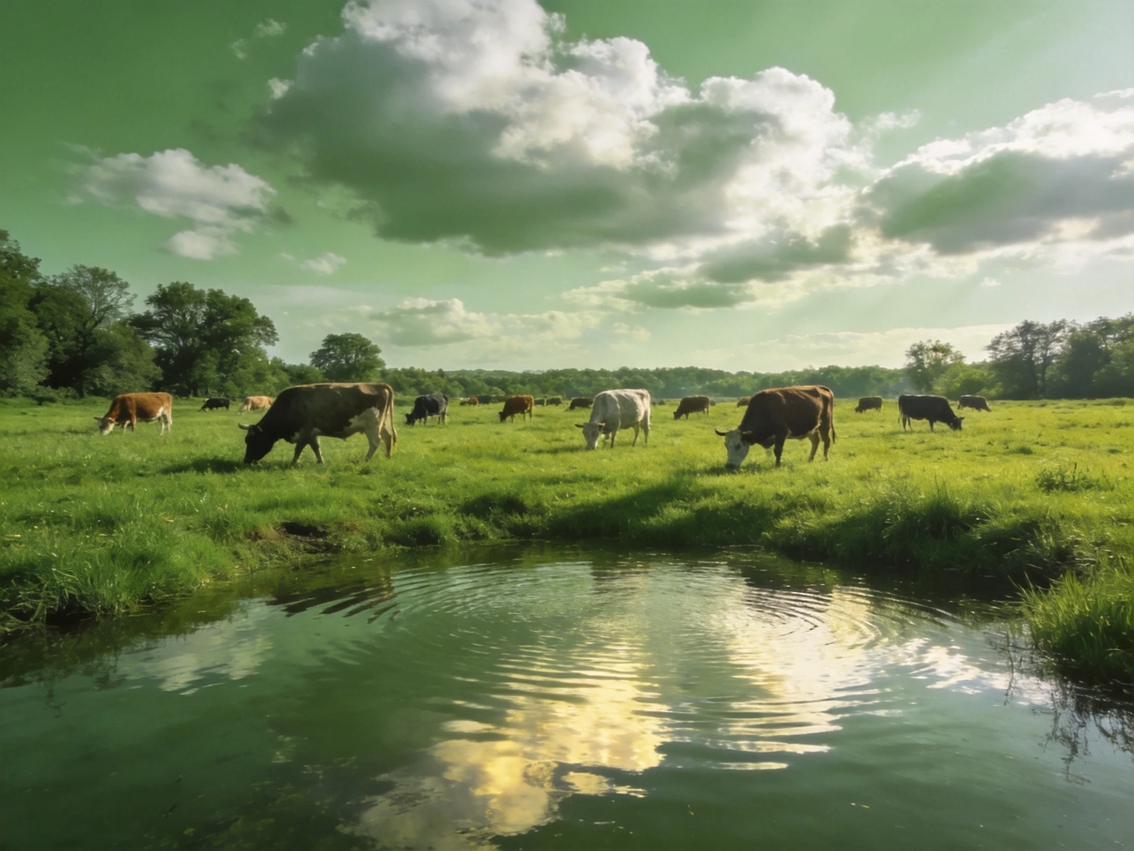 A lush green pasture with cows near a reflective water body under cloudy skies