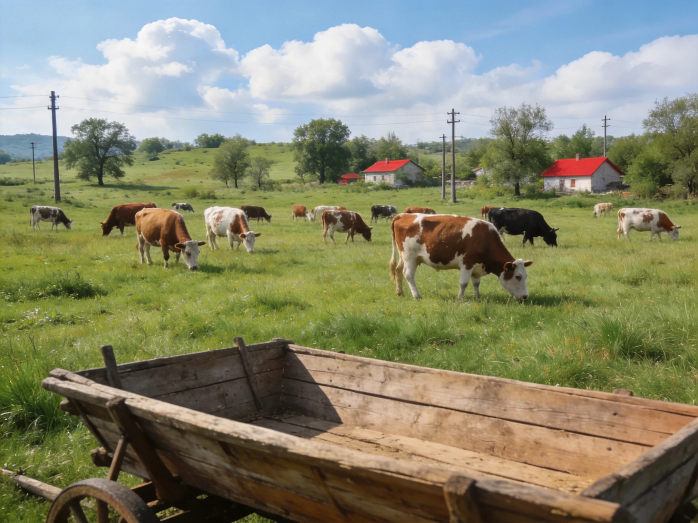 A lush green pasture with cows of various colors, red-roofed homes, and an old wooden cart