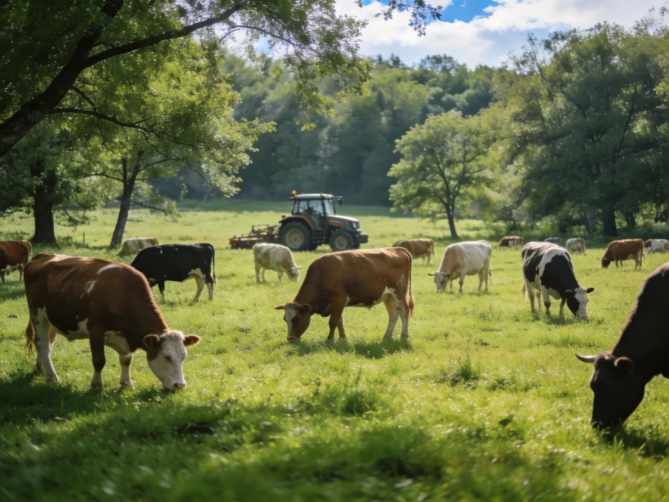 A lush green pasture with diverse cows, a tractor, and shaded trees