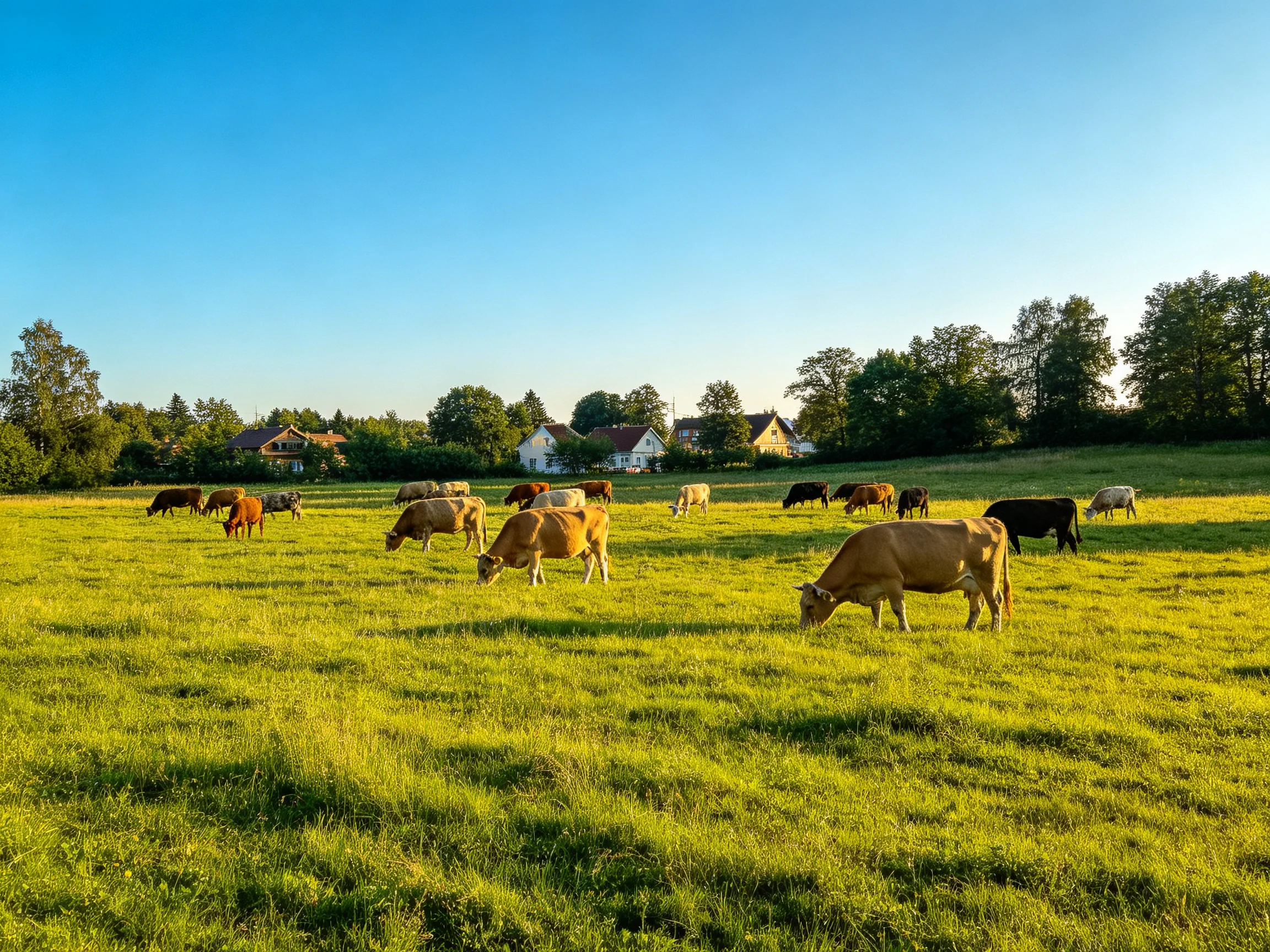 A lush green pasture with diverse cows and distant homes under clear blue sky