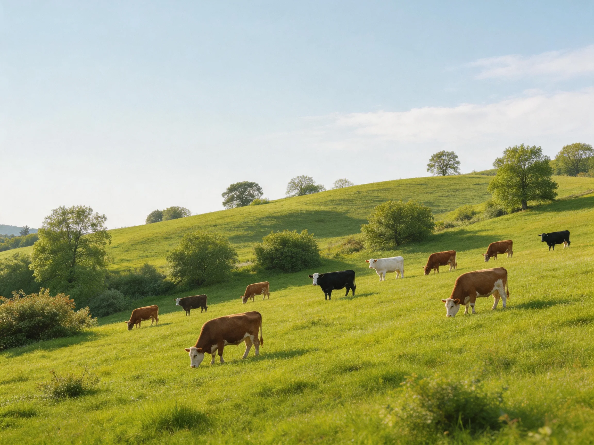 A lush green pasture with diverse cows grazing on rolling hills