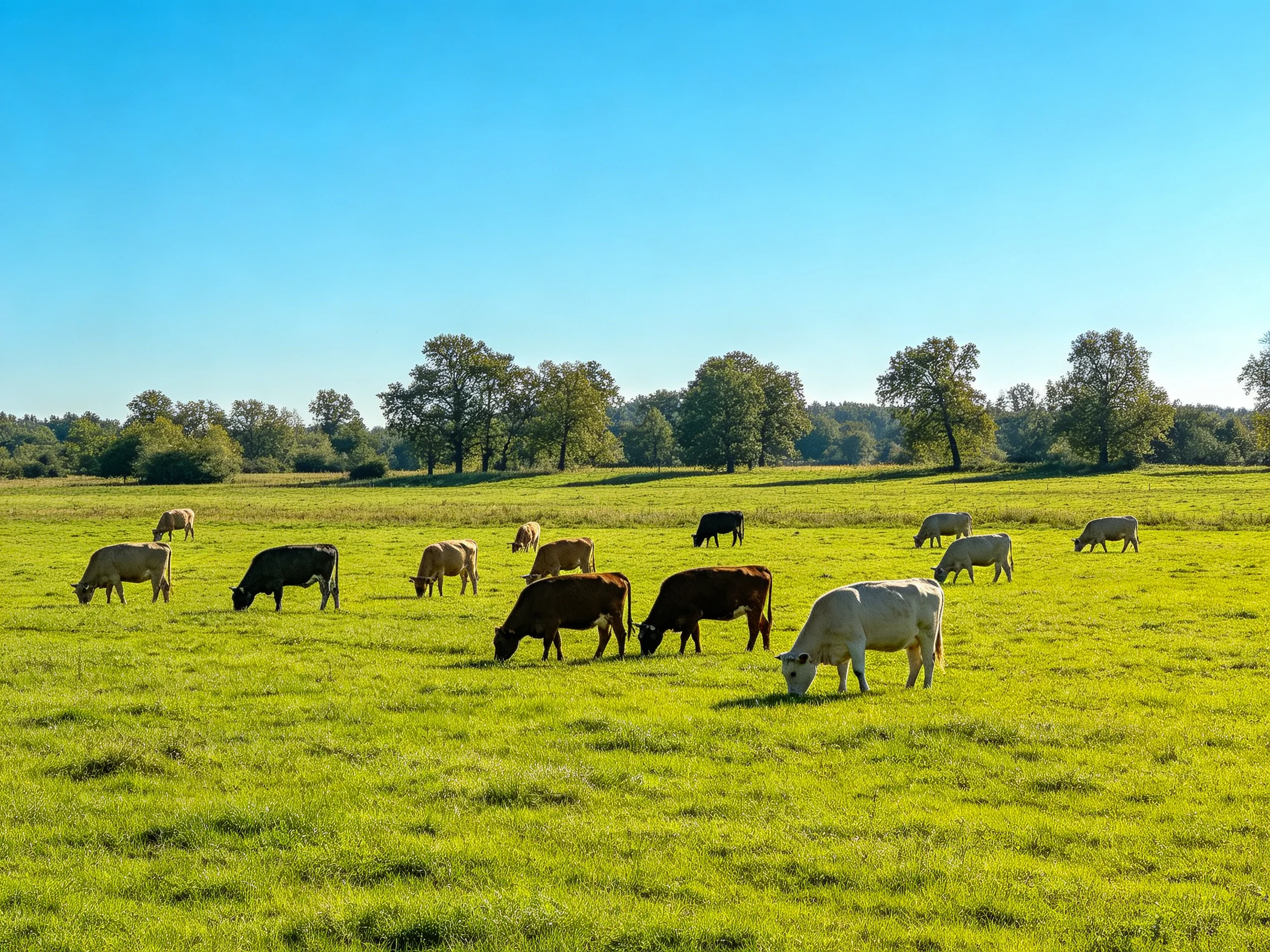 A lush green pasture with diverse cows grazing under clear blue skies
