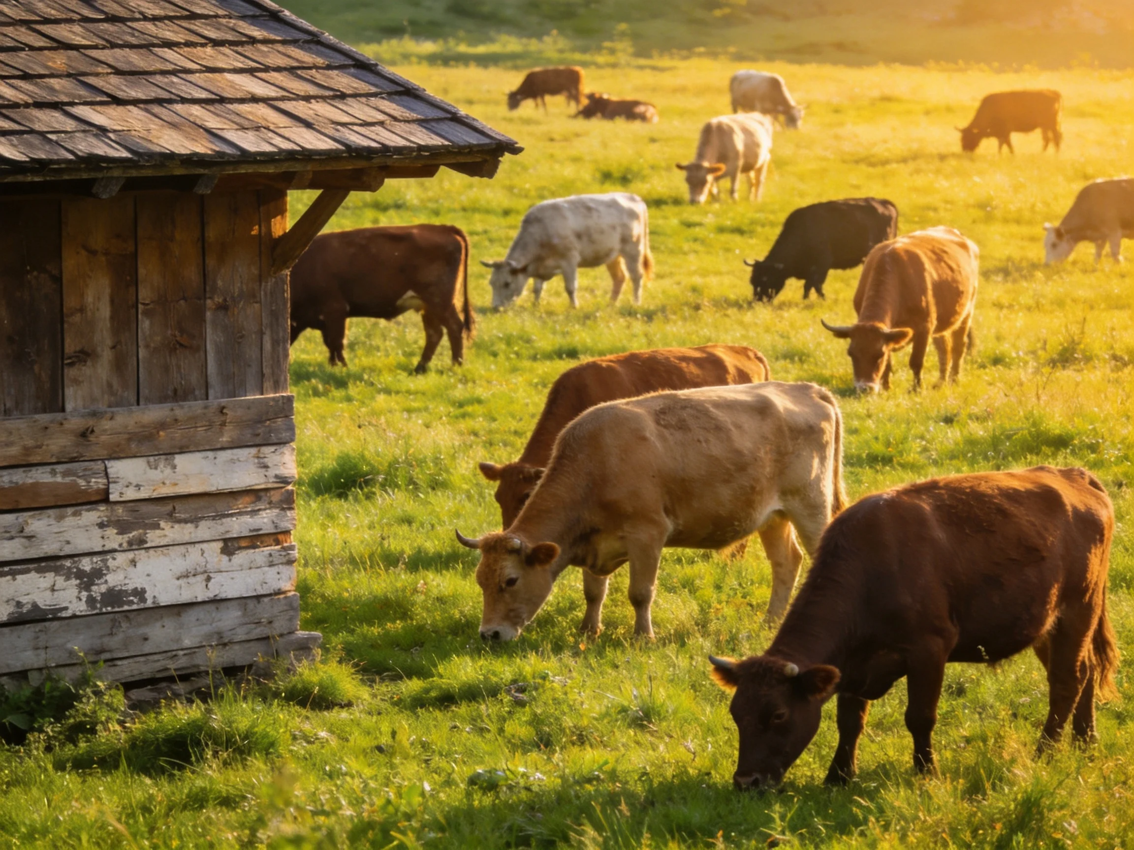 A lush green pasture with diverse cows near an aged wooden shed