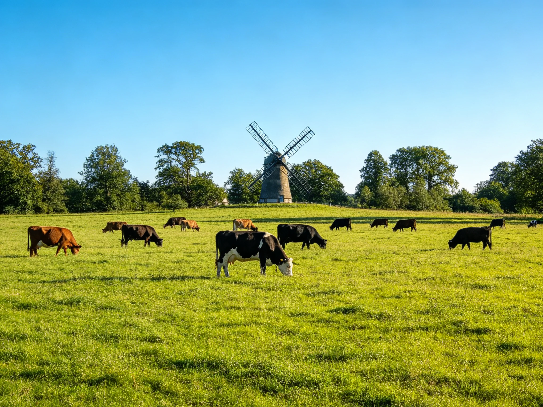 A lush green pasture with grazing cows near an old stone windmill
