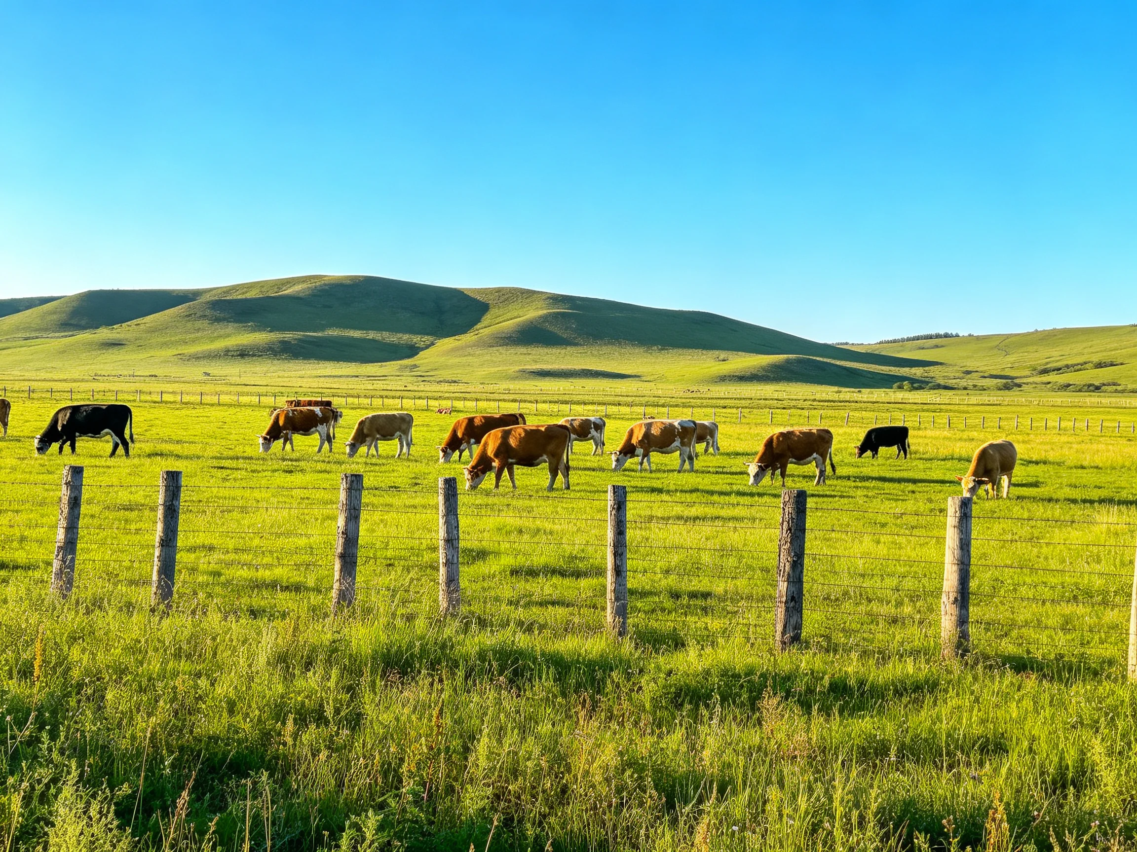 A lush green pasture with many cows grazing near rolling hills