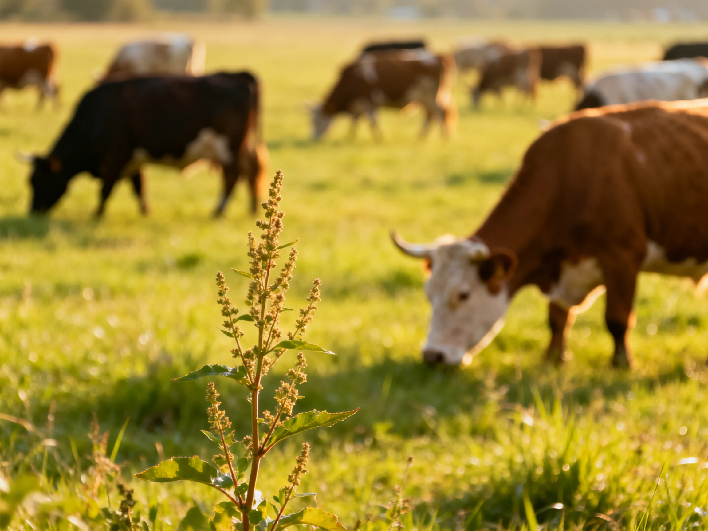 A lush green pasture with multiple cows of varied colors grazing