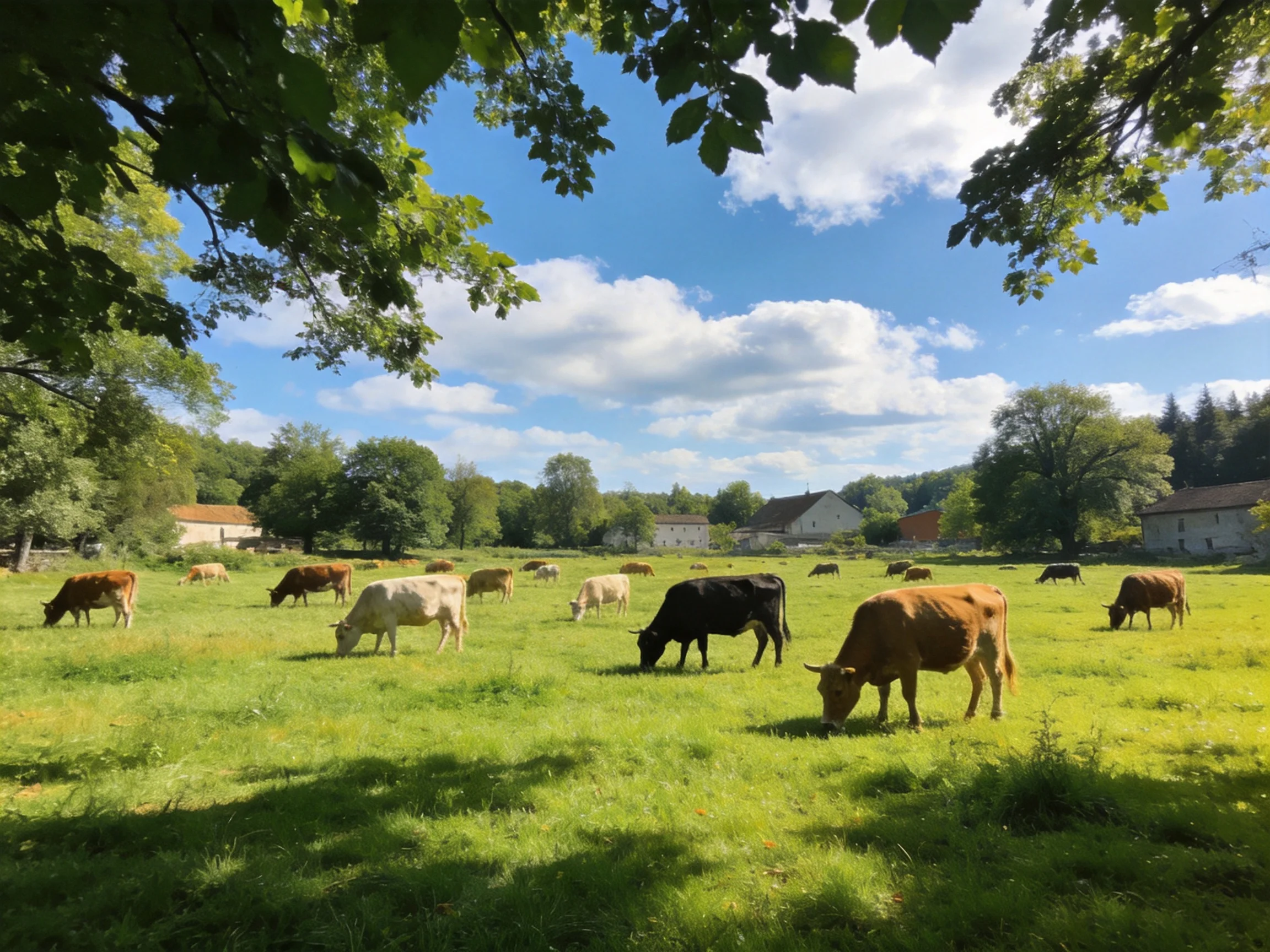 A lush green pasture with numerous cows grazing near rural homes