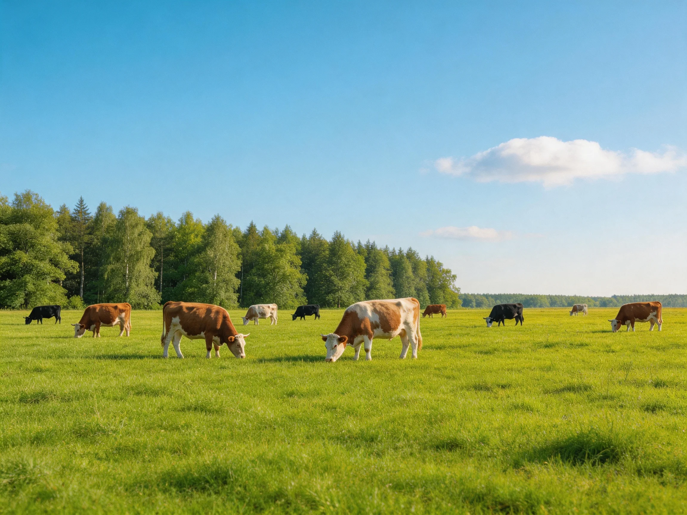 A lush green pasture with various cows grazing near a forested backdrop