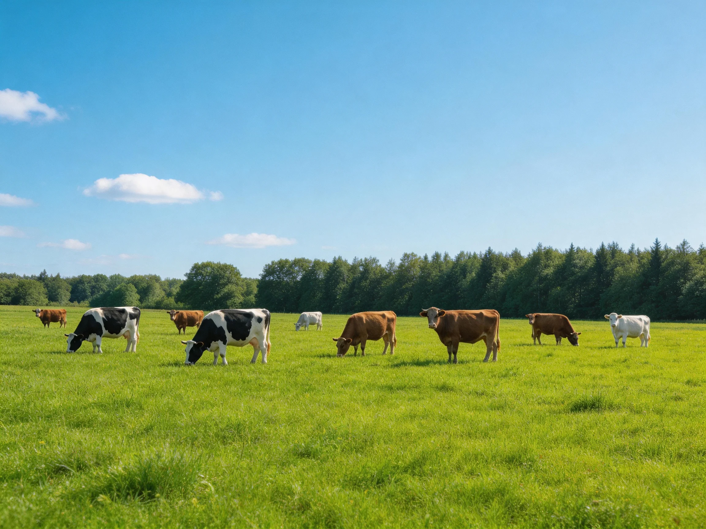 A lush green pasture with various cows grazing under a clear blue sky