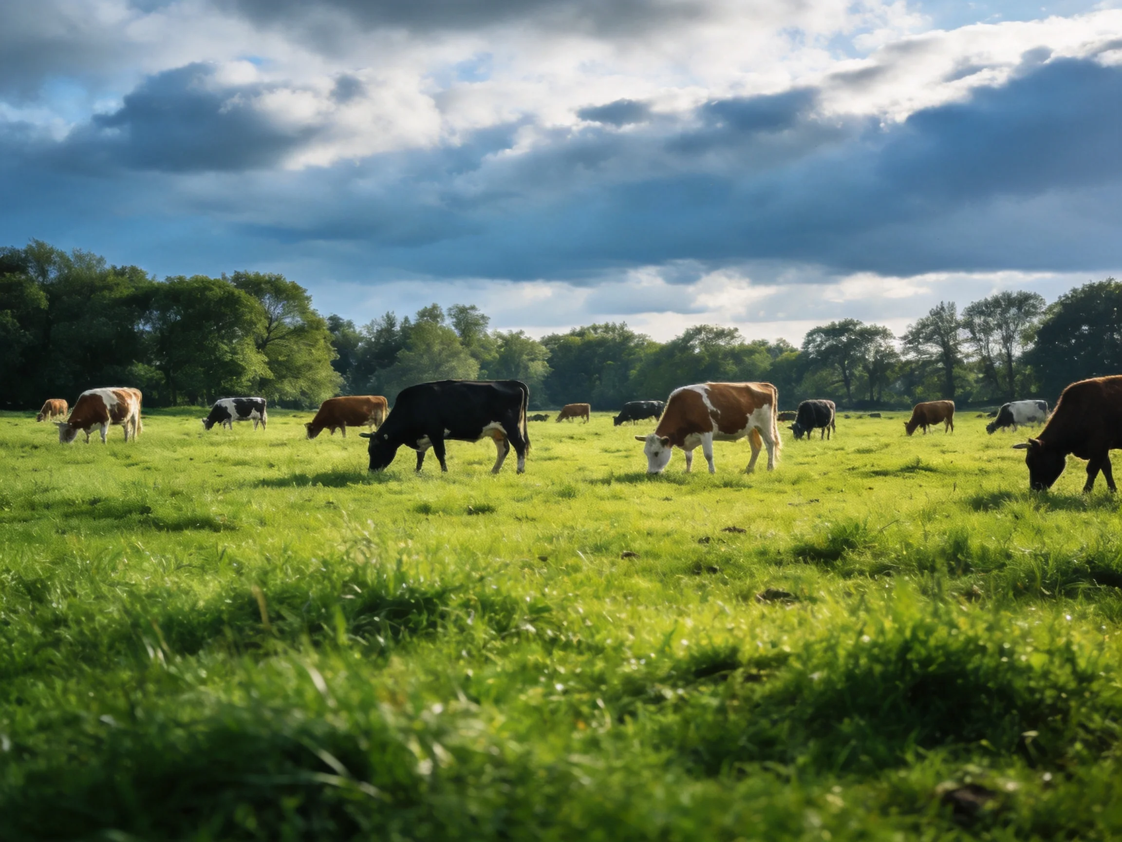 A lush green pasture with various cows grazing under a partly cloudy sky