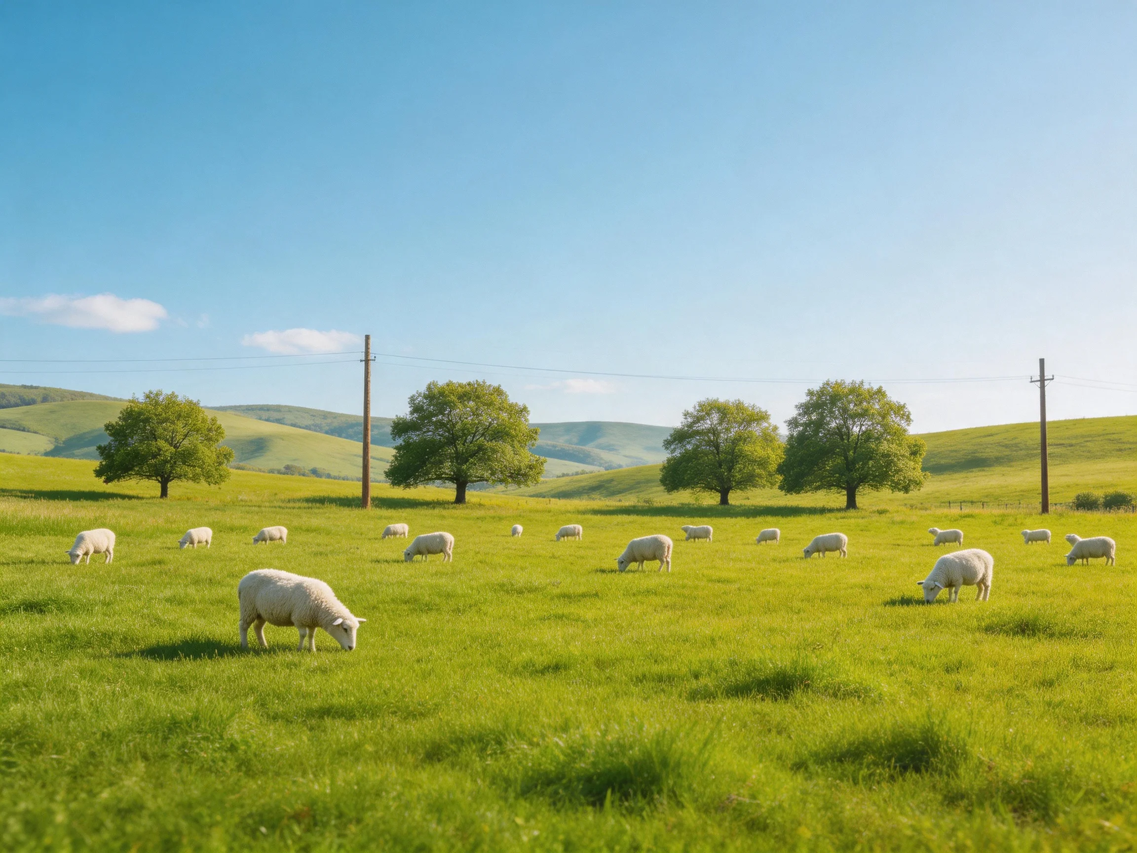 A lush green pasture with white sheep near tall trees