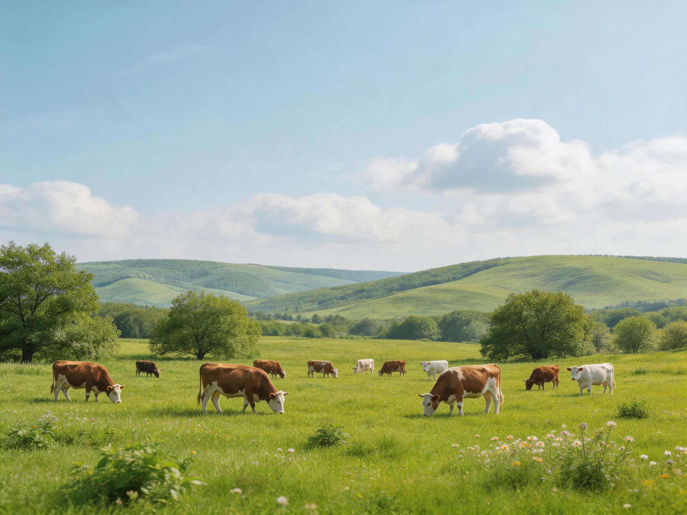 A lush meadow with brown and white cattle grazing near rolling green hills