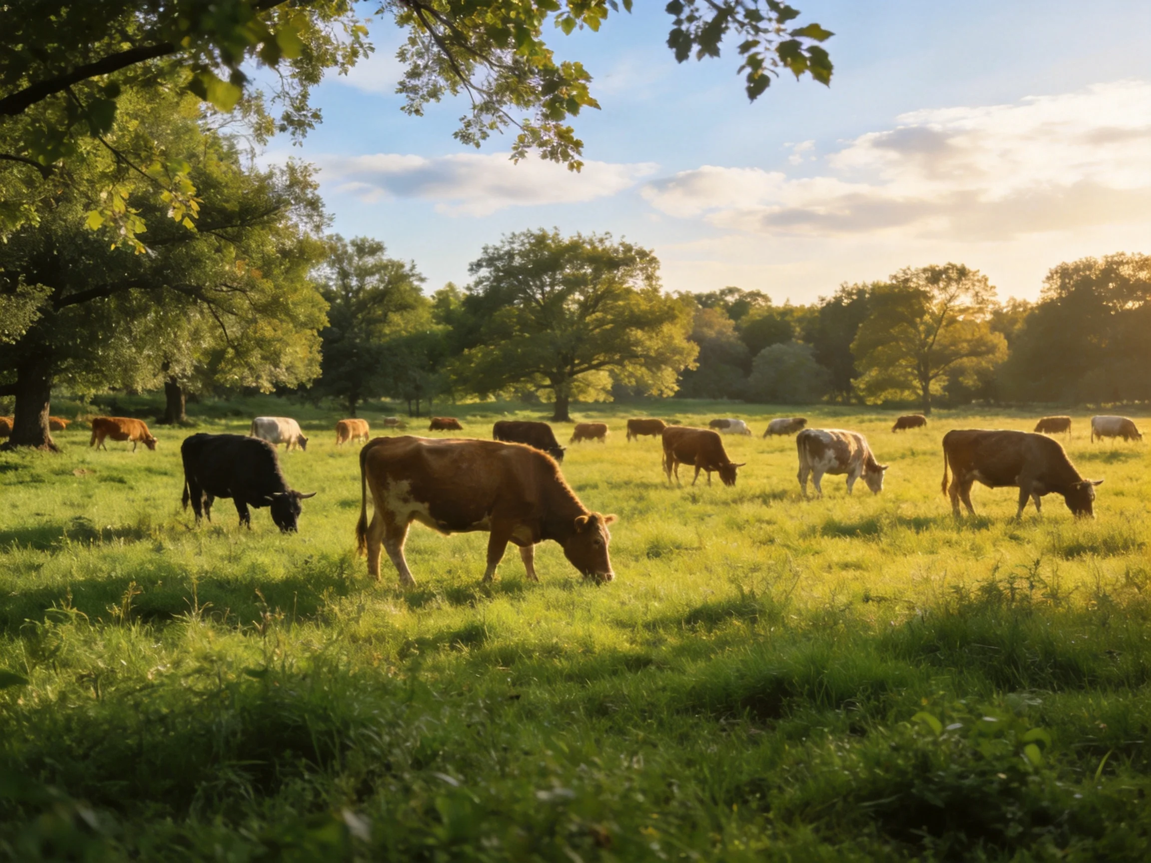 A lush meadow with diverse cattle grazing under golden sunlight
