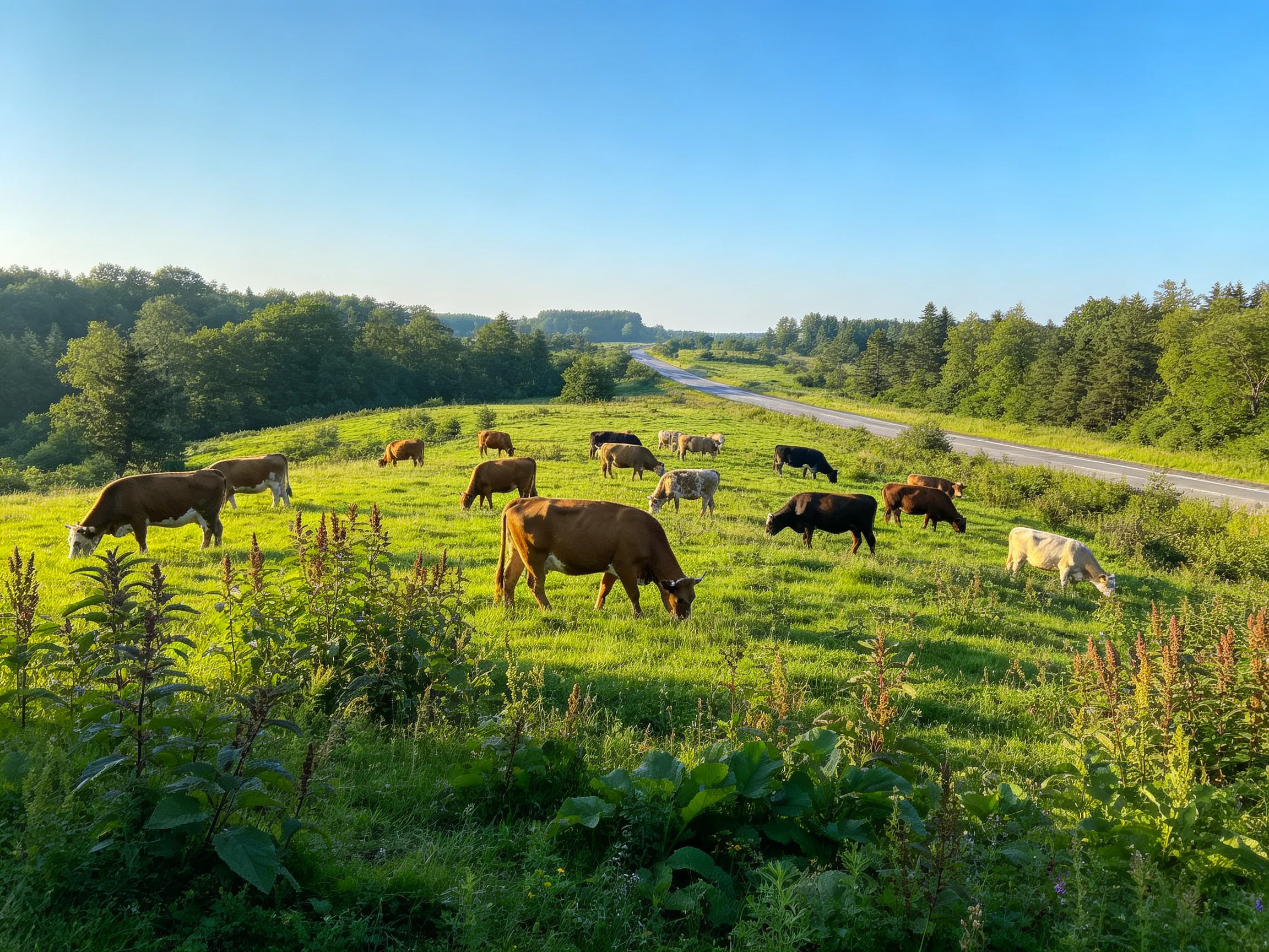 A lush meadow with diverse cattle near a winding road