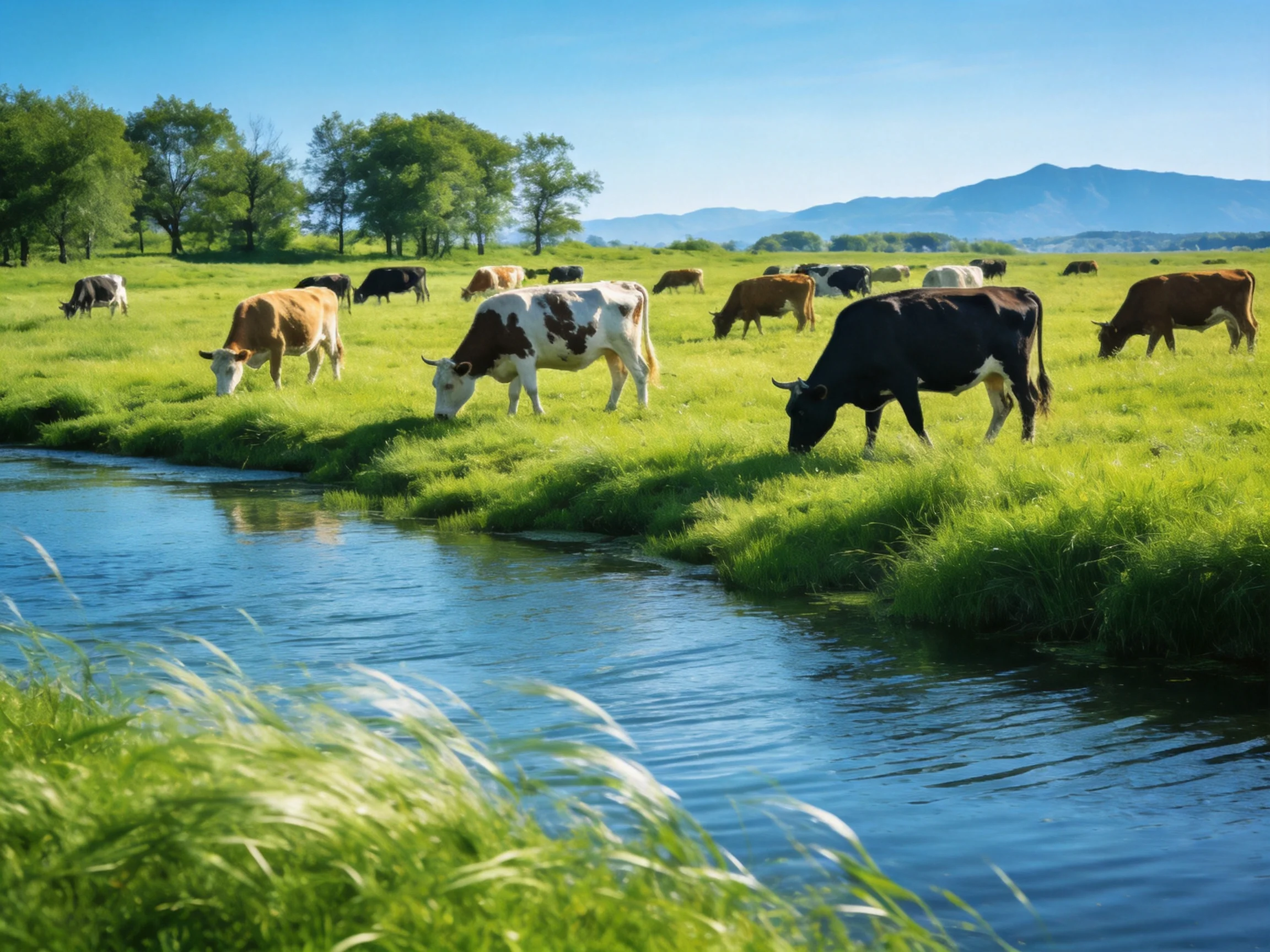 A lush meadow with diverse cows grazing near a calm stream