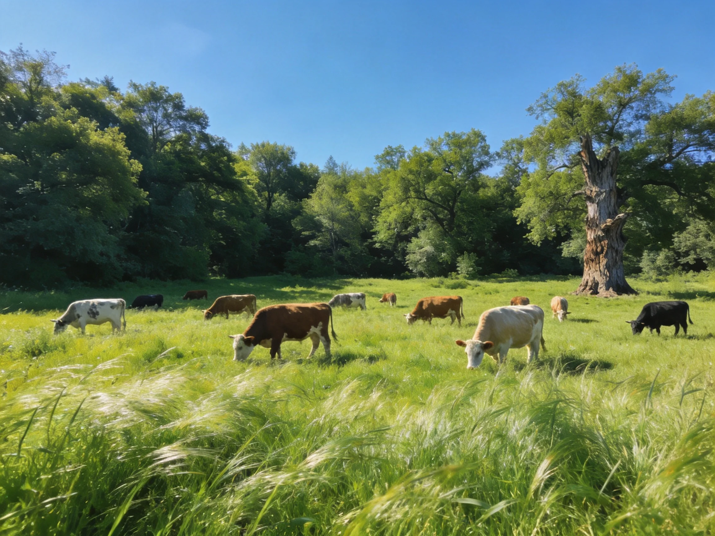 A lush meadow with diverse cows grazing near ancient trees