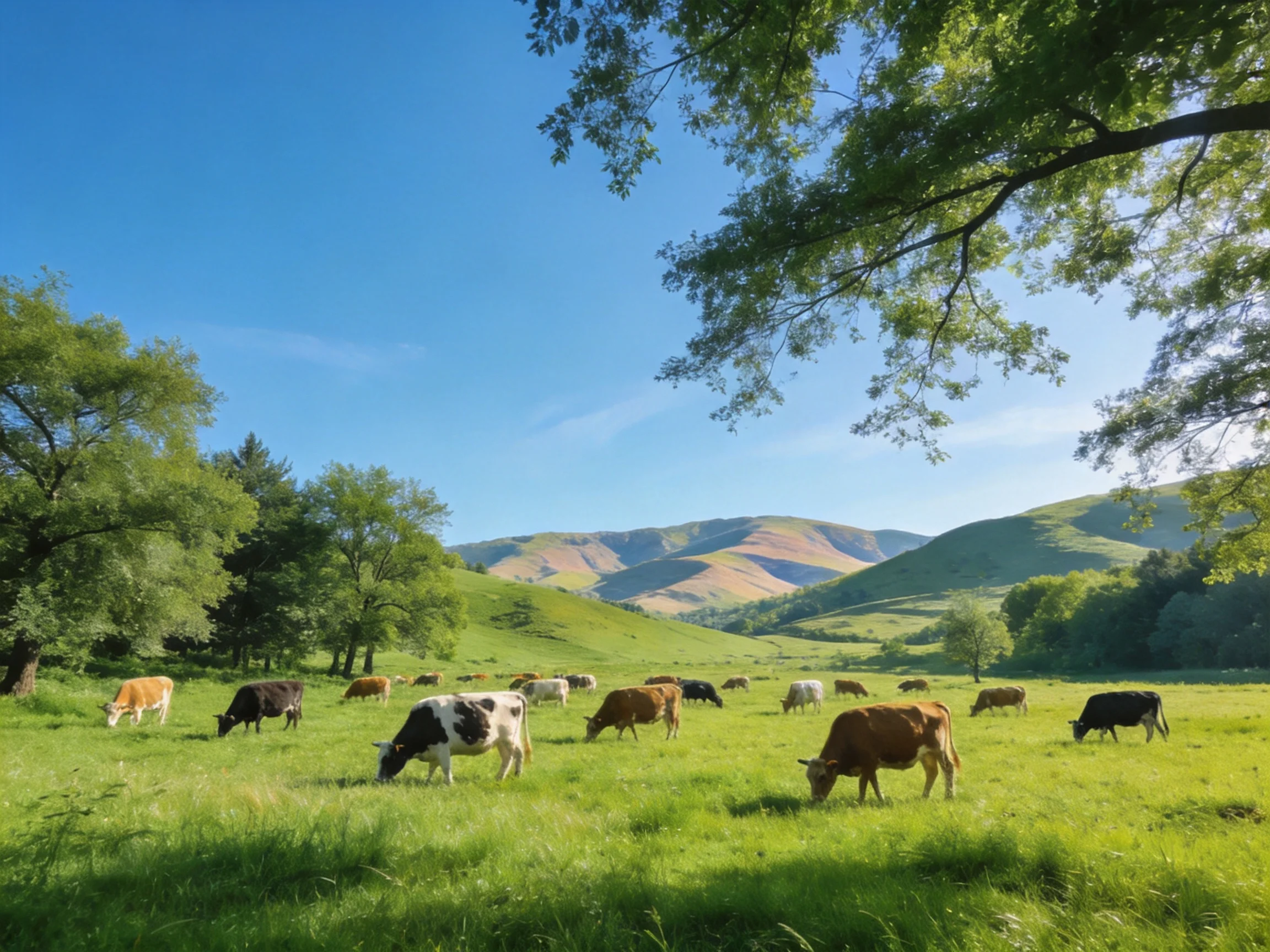 A lush meadow with diverse cows grazing near rolling green hills