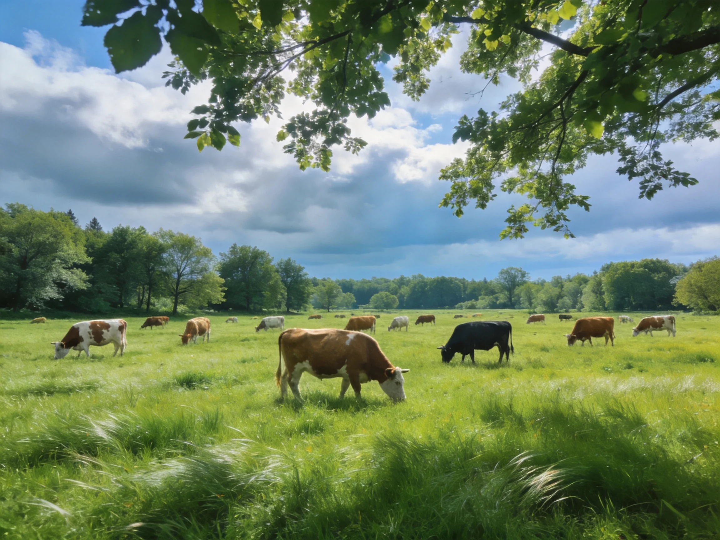 A lush meadow with diverse cows grazing under leafy trees