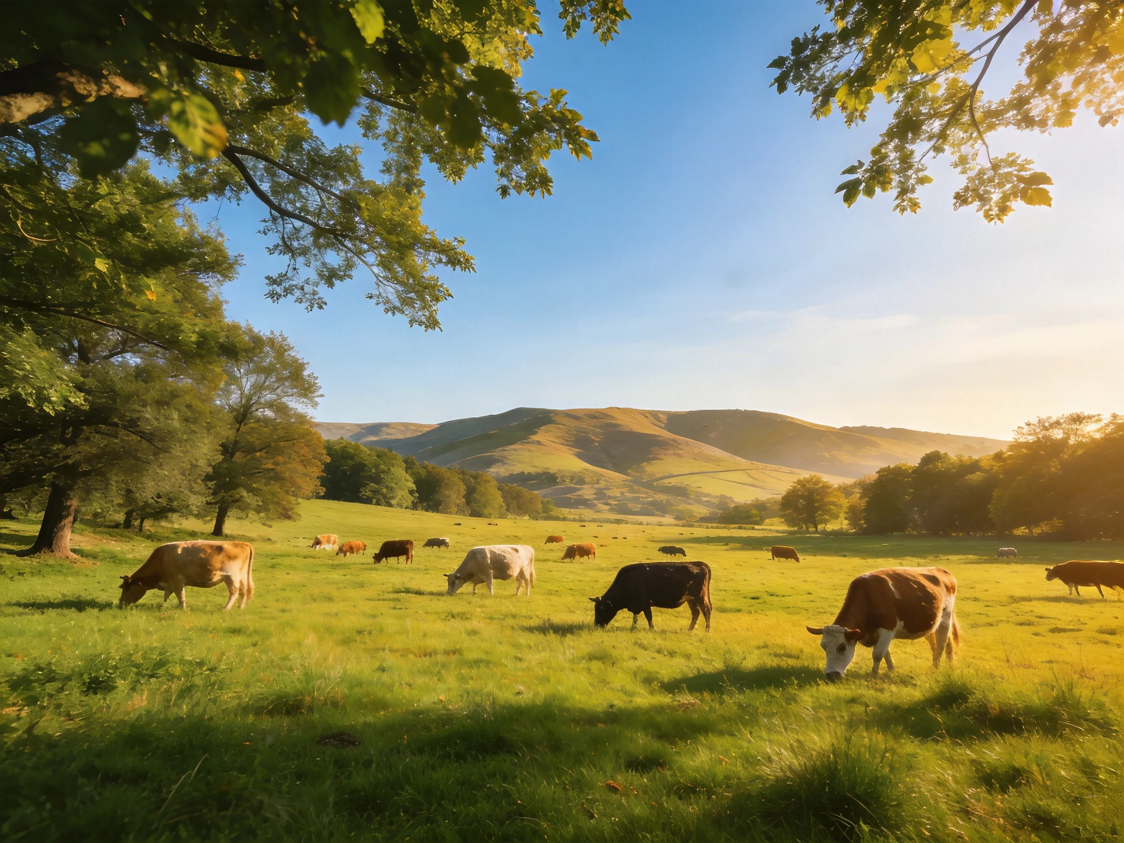 A lush meadow with grazing cattle, rolling hills, and golden sunlight