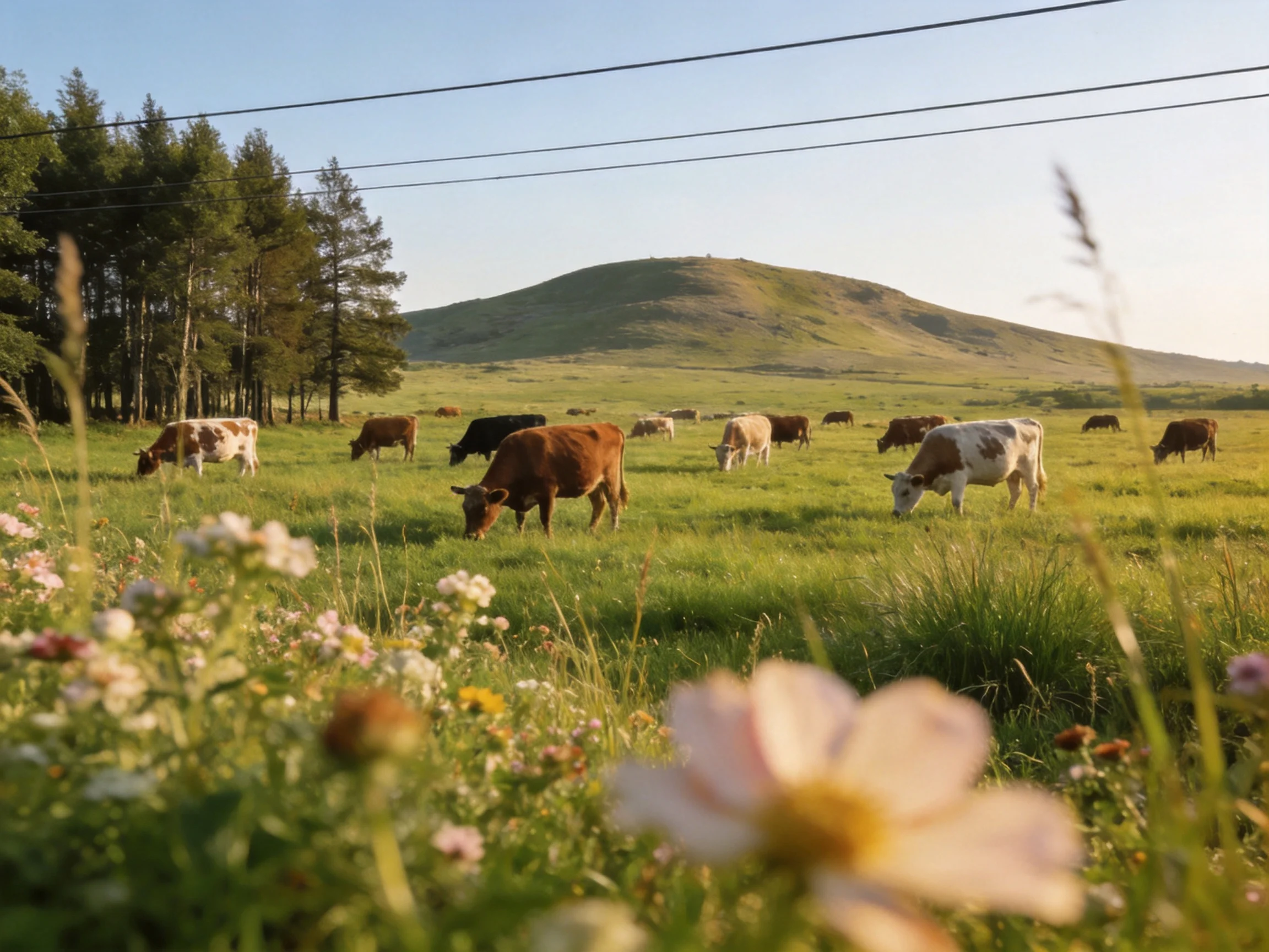 A lush meadow with grazing cattle, wildflowers, and distant hills