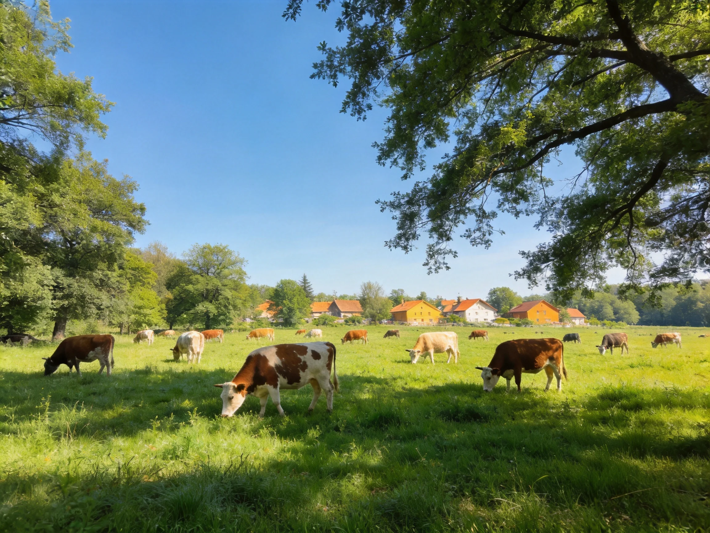 A lush meadow with grazing cows near orange-roofed farmhouses