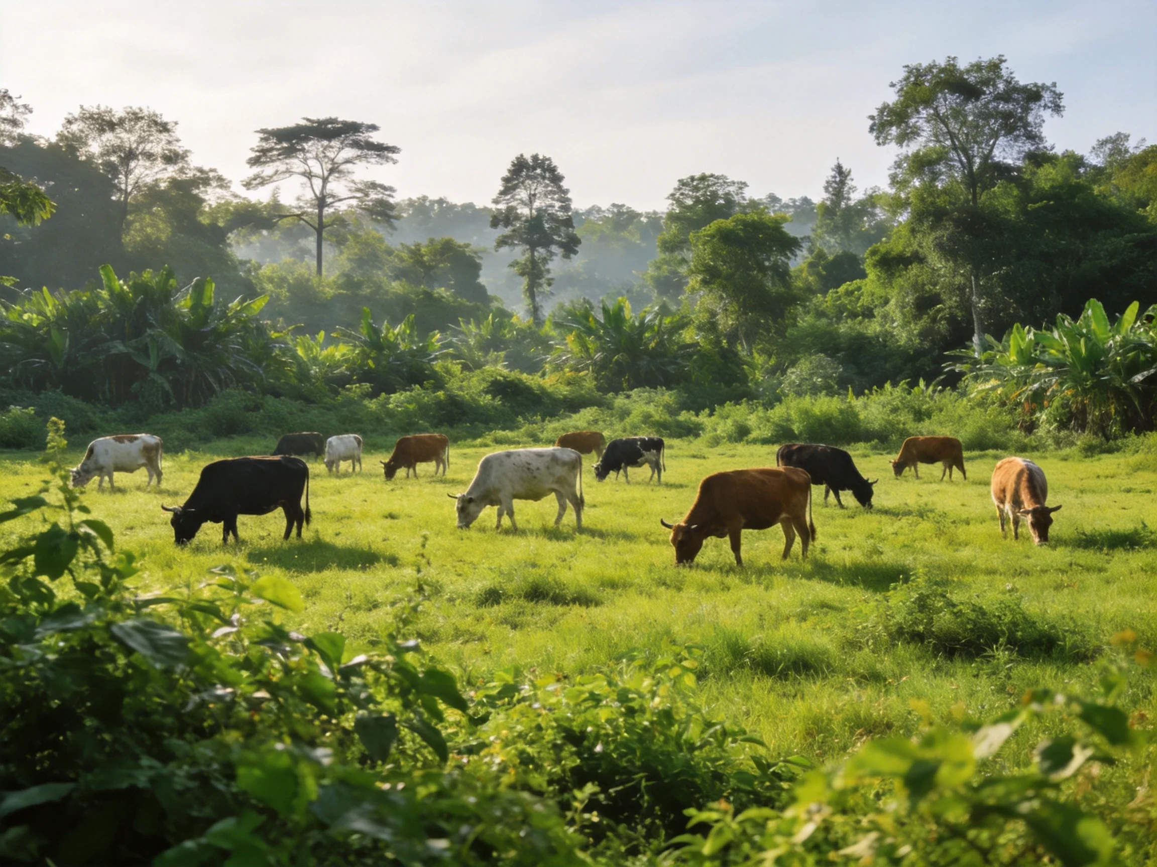 A lush meadow with multicolored cattle grazing near dense greenery