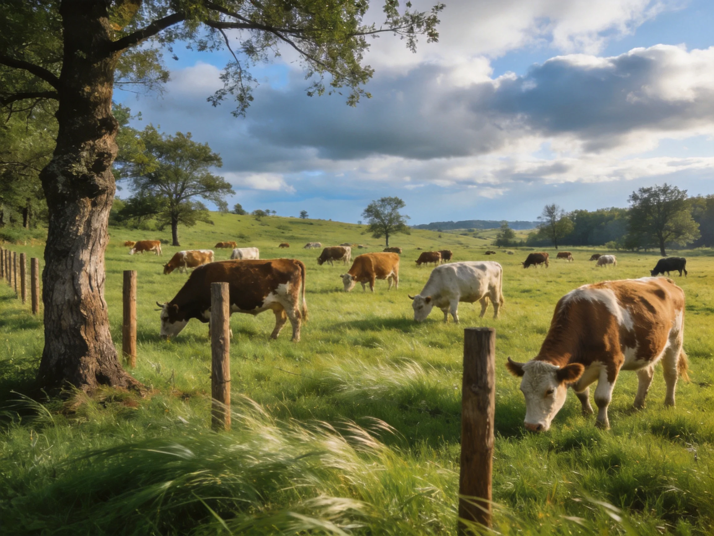 A lush pasture with brown and white cattle grazing near wooden posts