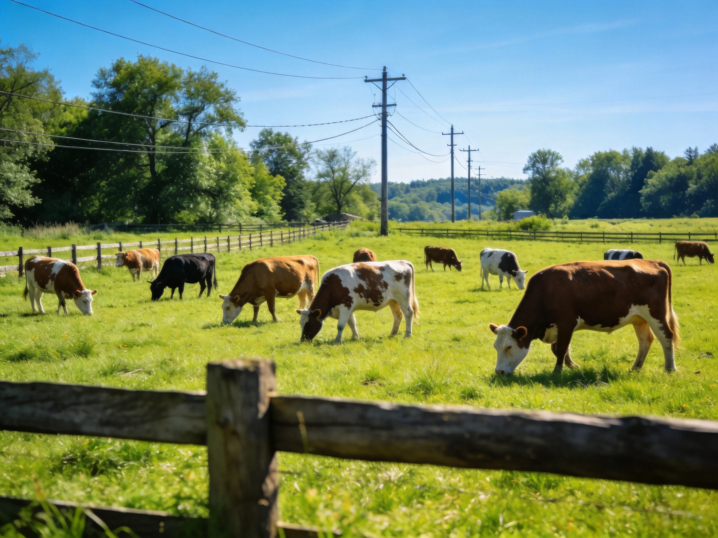 A lush pasture with cows in brown, black, and white