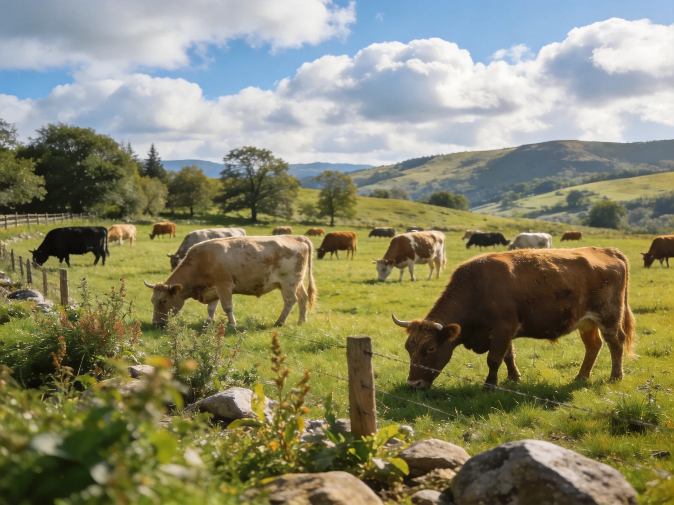 A lush pasture with diverse cattle grazing near rolling hills
