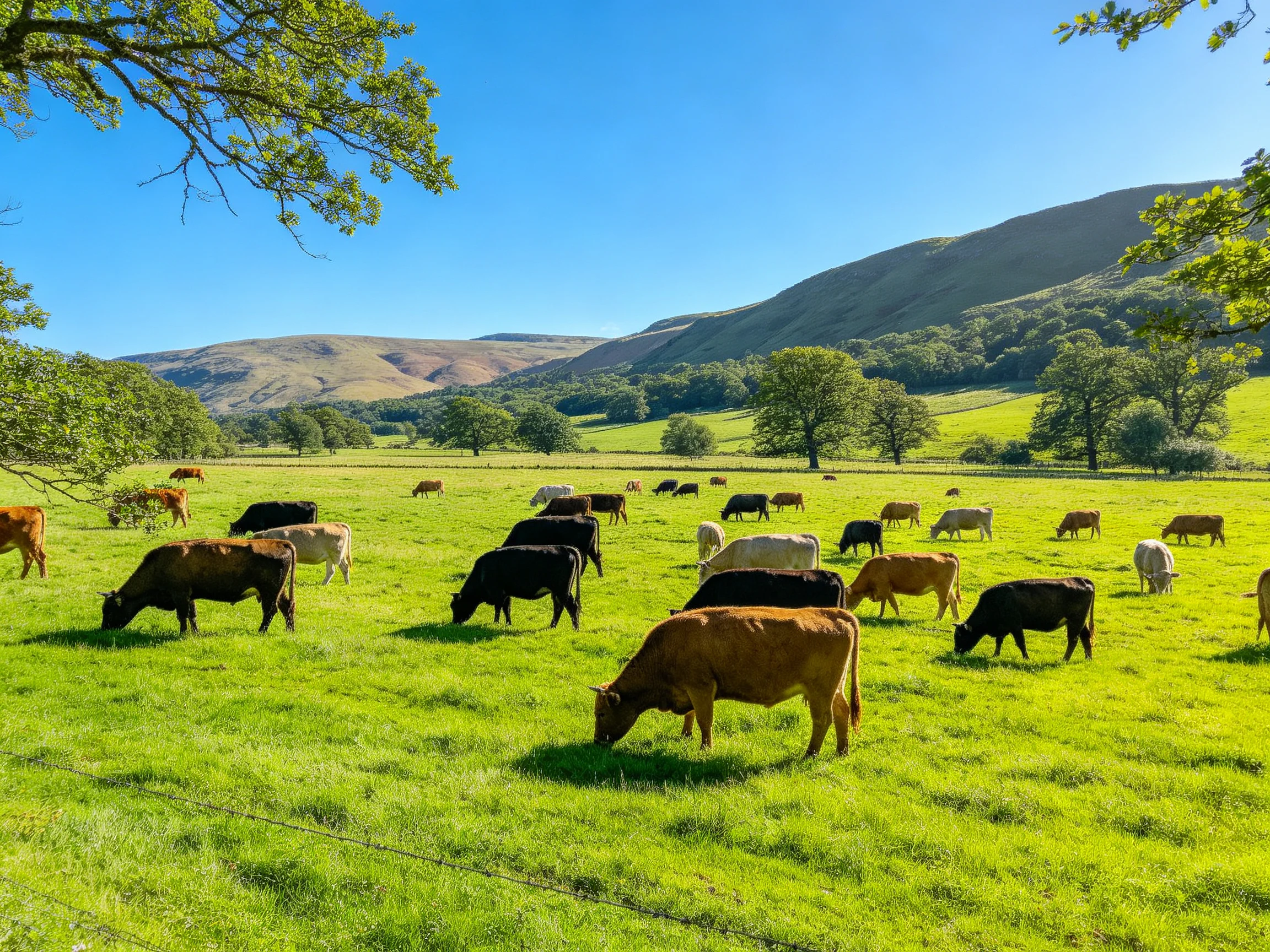 A lush pasture with diverse cows grazing near rolling hills