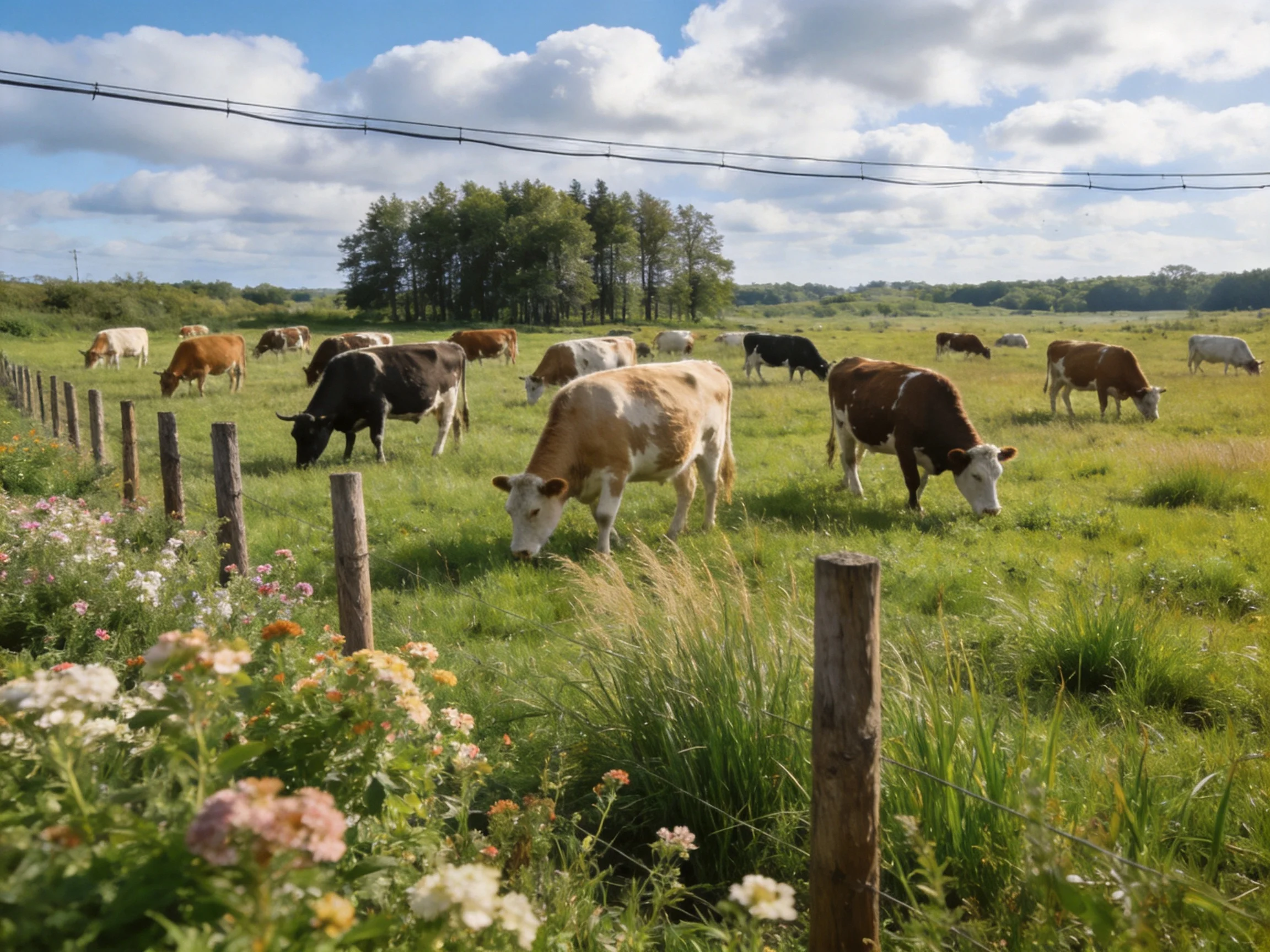 A lush pasture with fifteen cows, colorful flowers, and distant trees