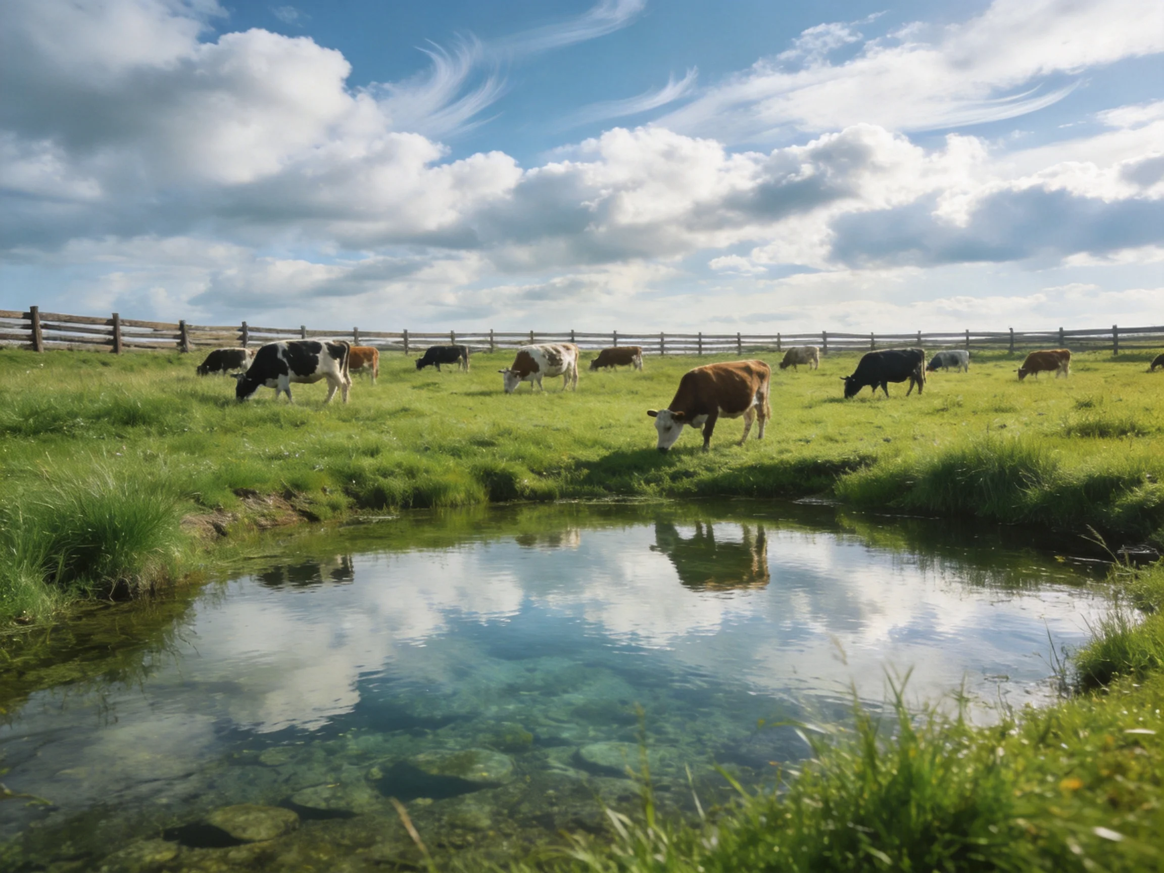 A lush pasture with grazing cows near a clear stream under blue skies