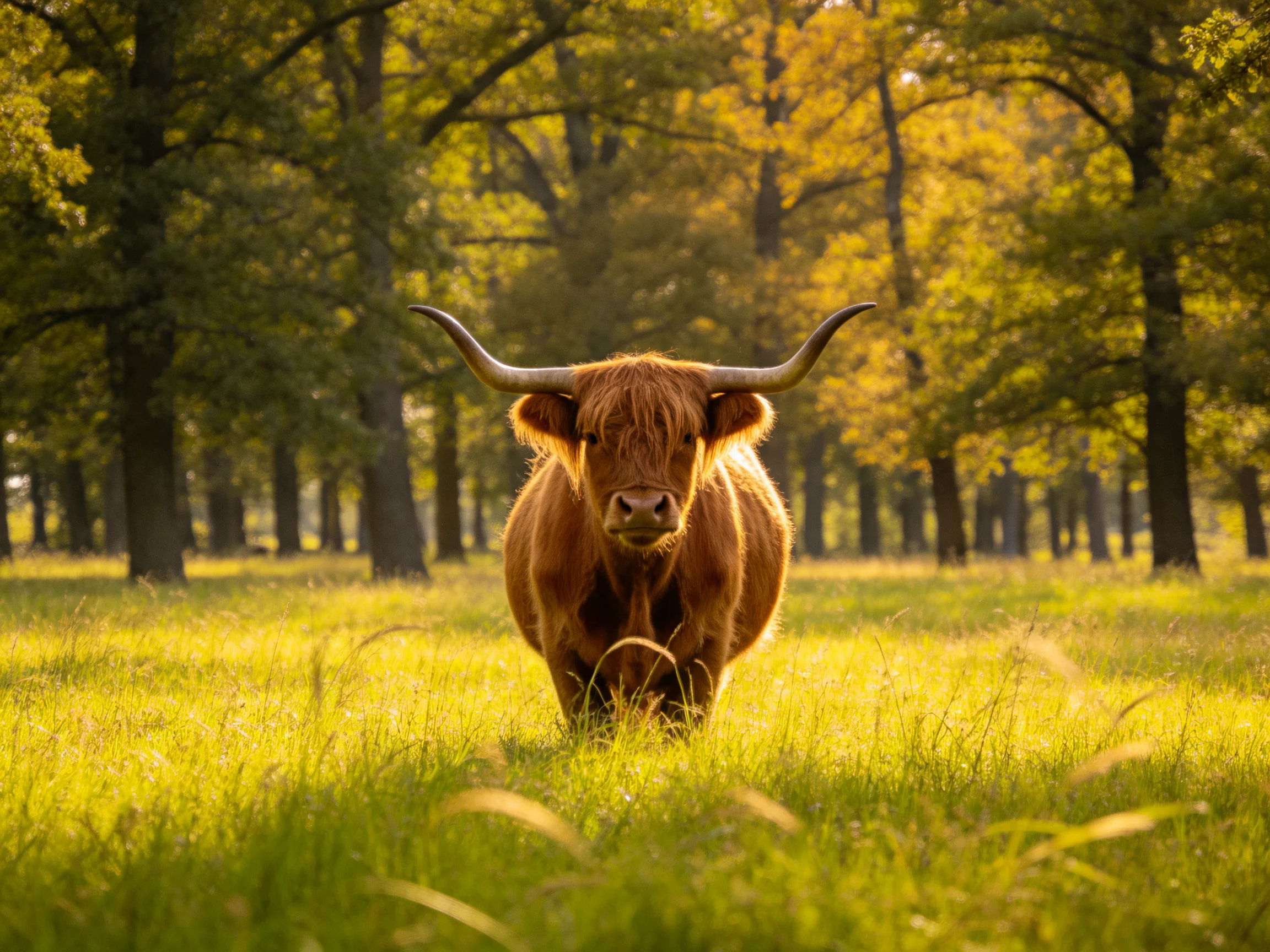 A majestic Highland cow stands in a sunlit forest meadow