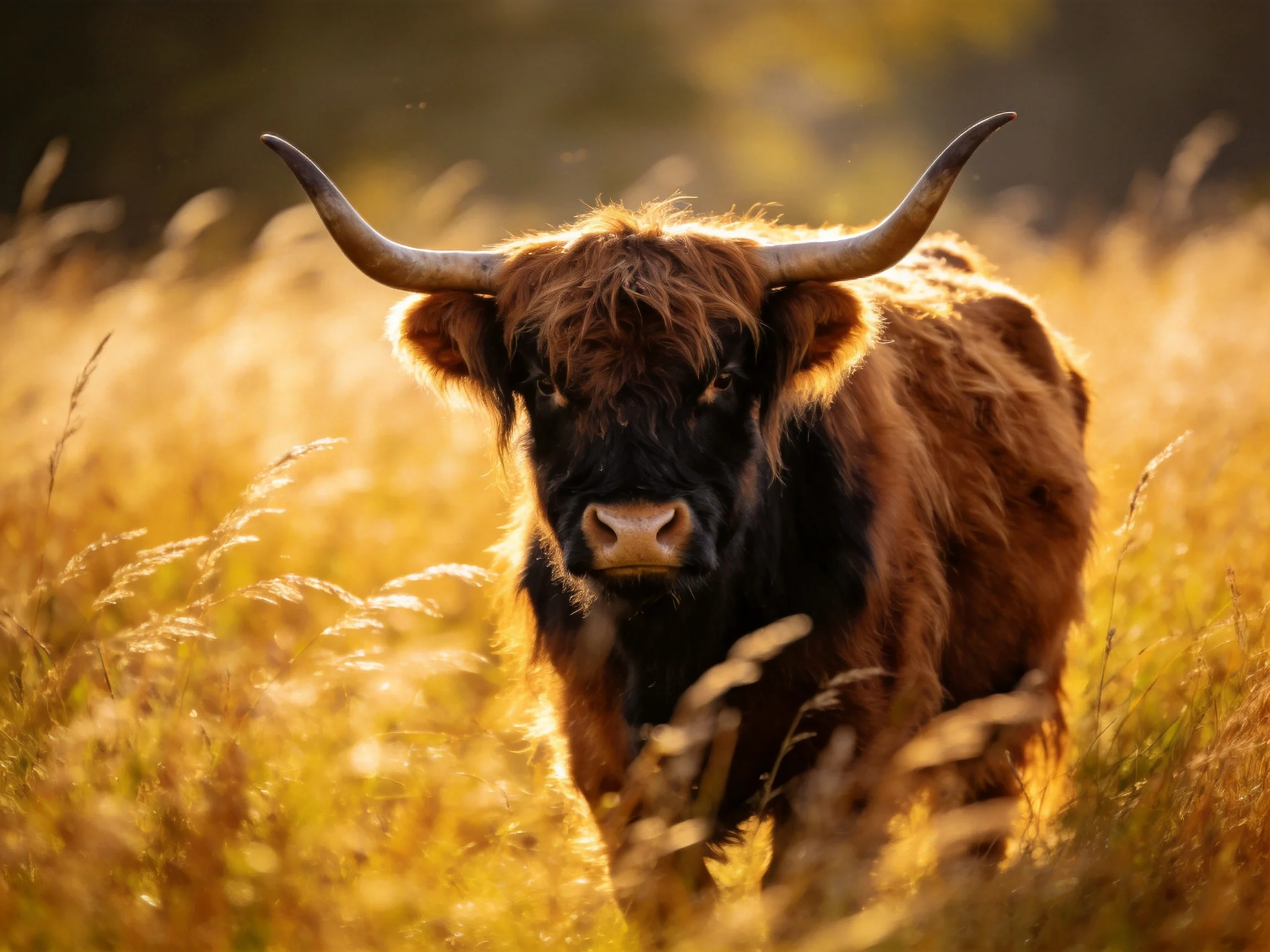 A majestic Highland cow with long curved horns in a golden field