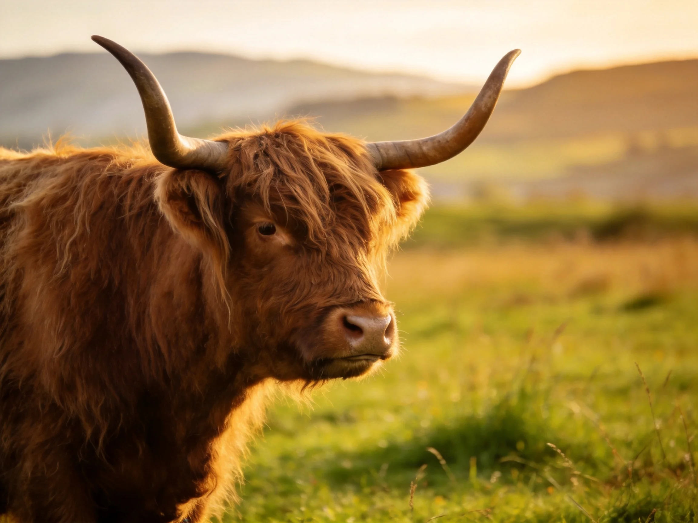 A majestic Highland cow with shaggy brown coat in golden meadow