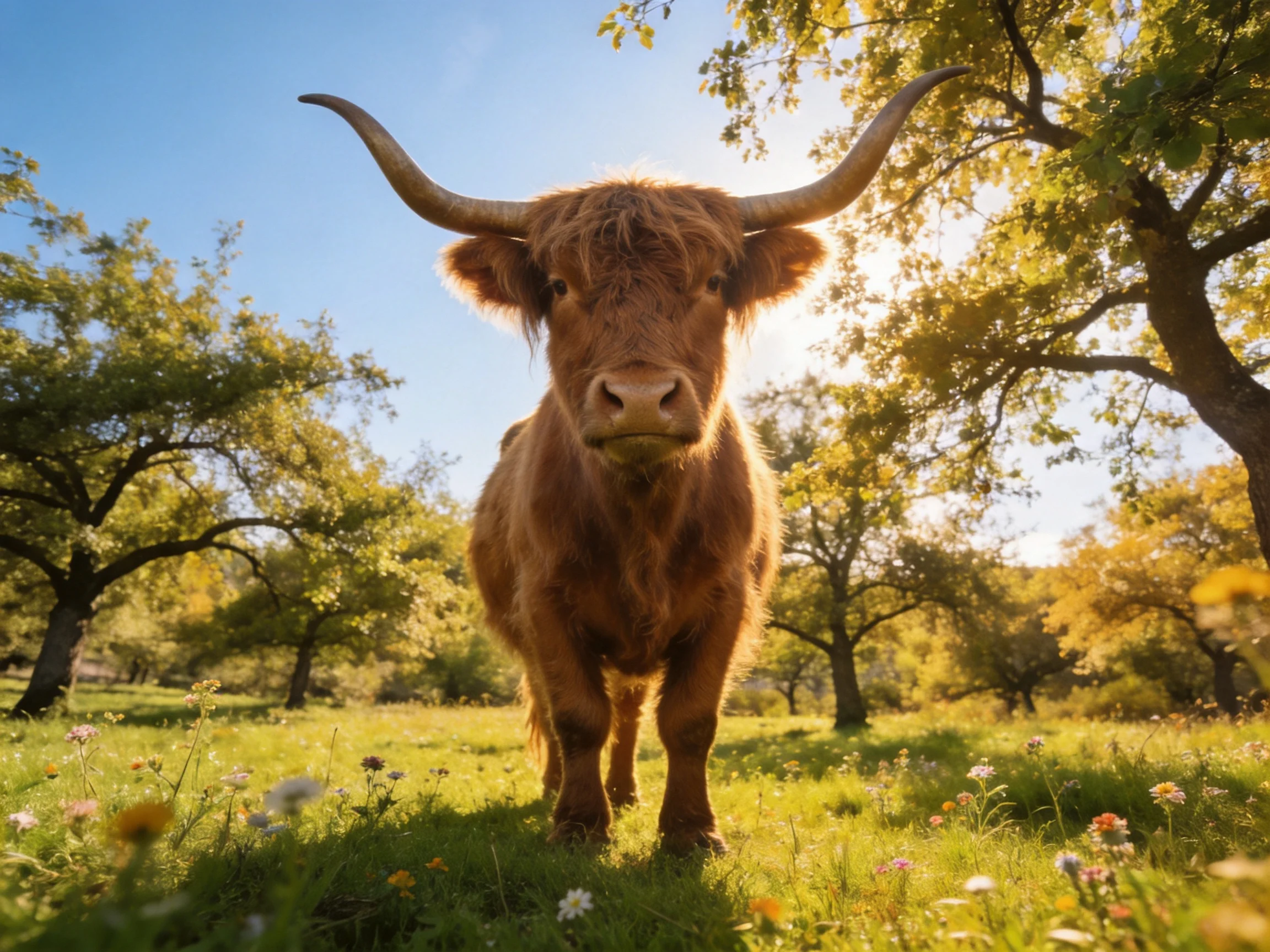 A majestic brown Highland cow in a sun-drenched meadow with trees and wildflowers
