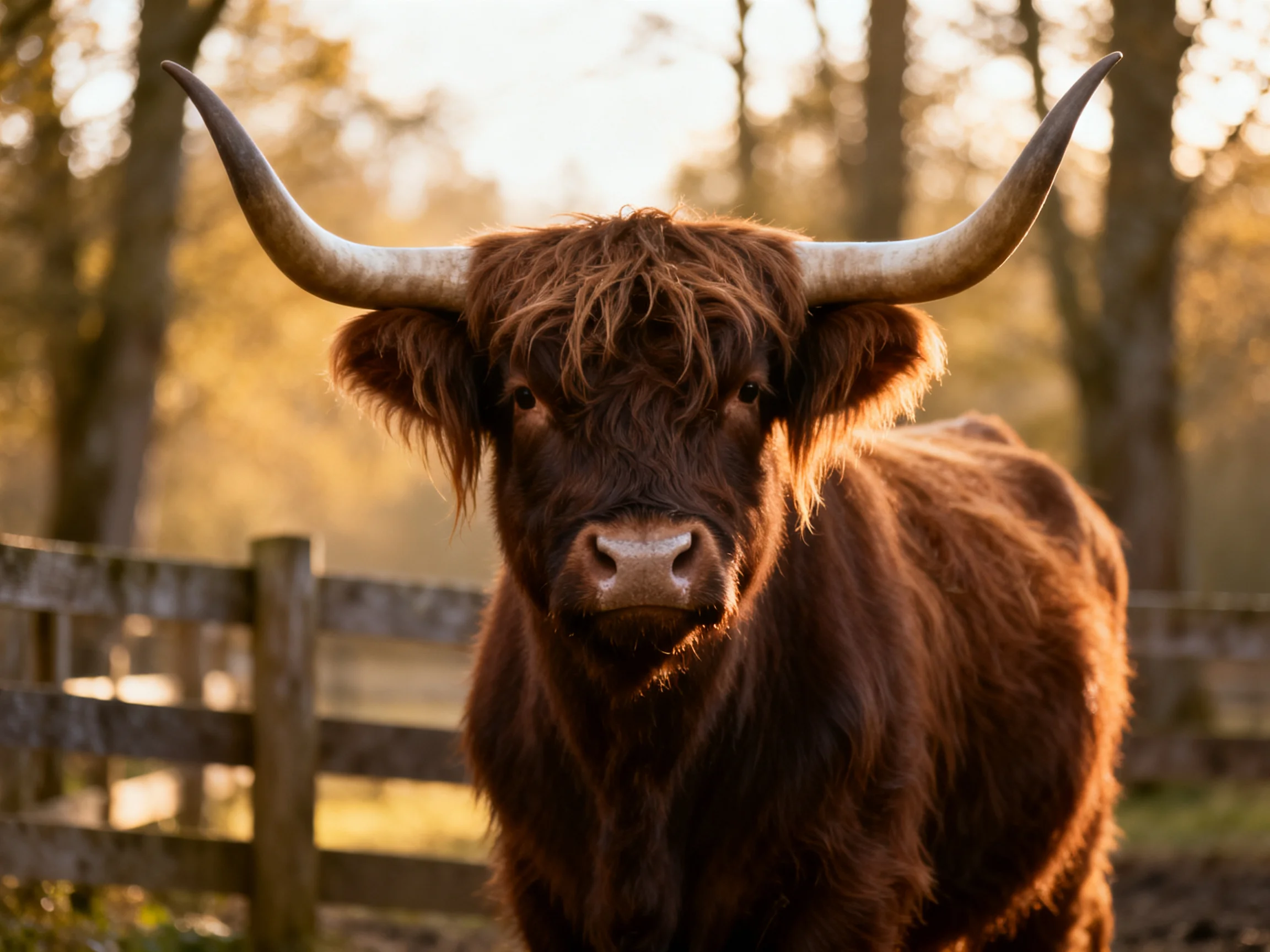 A large brown Highland cow with prominent horns stands beside a wooden fence in a wooded area.