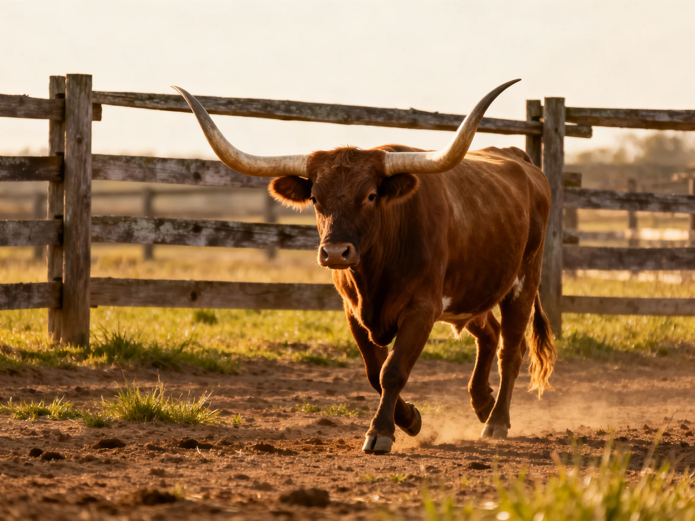 A majestic brown Longhorn bull near weathered wooden fences