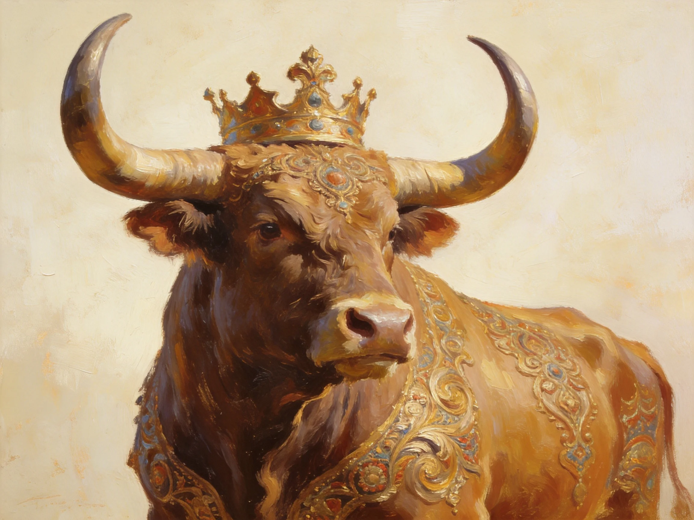 A majestic brown bull adorned with golden crown and intricate patterns